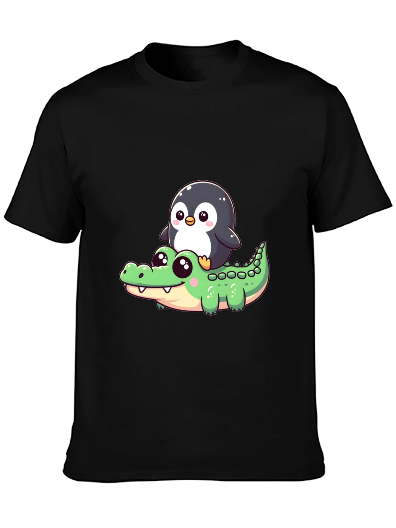 Black Cute Penguin Riding Alligator Graphic Tee - Black view 3