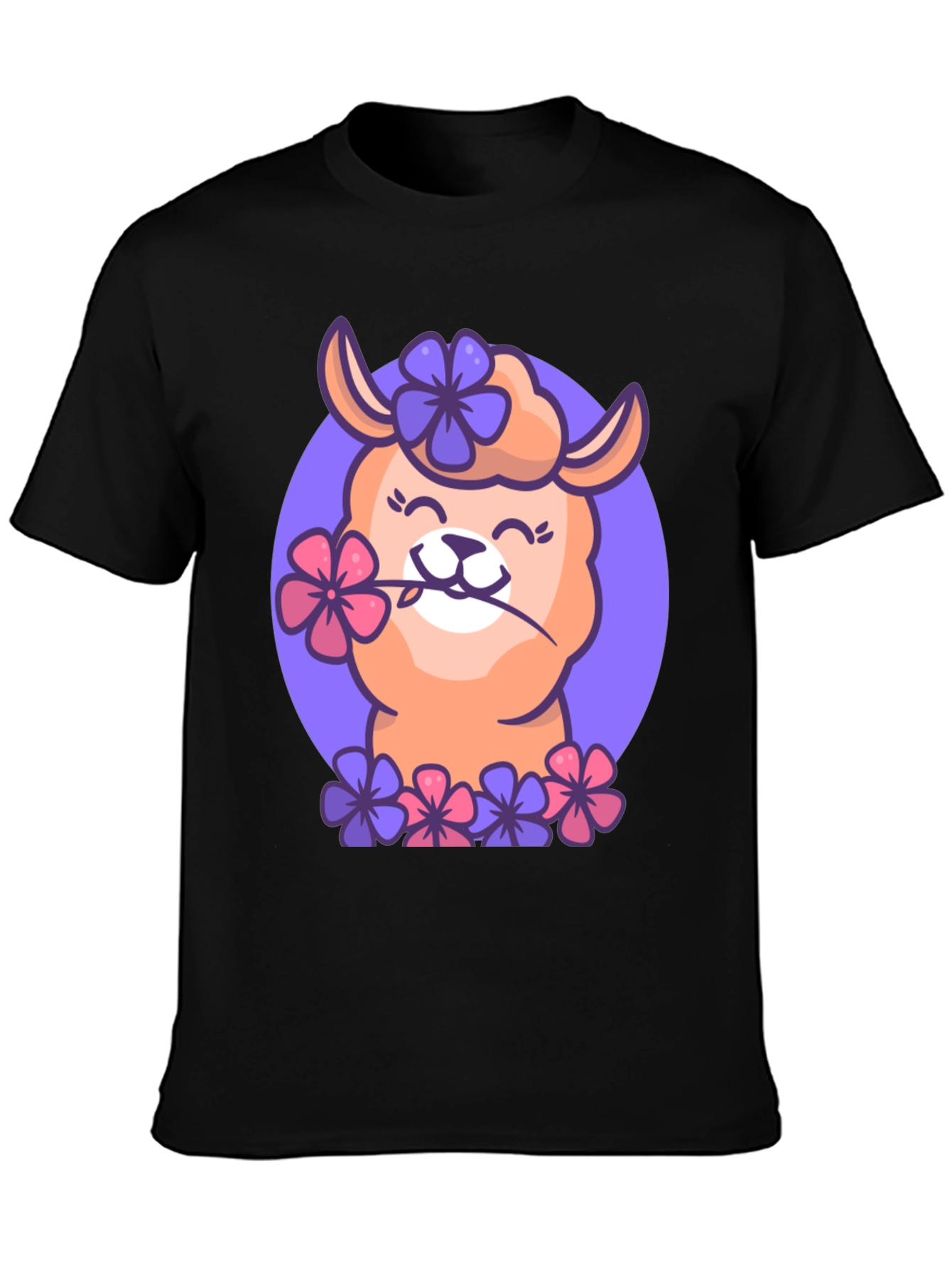 Black Llama Flower Power T-Shirt - Cute Cartoon Design view 3