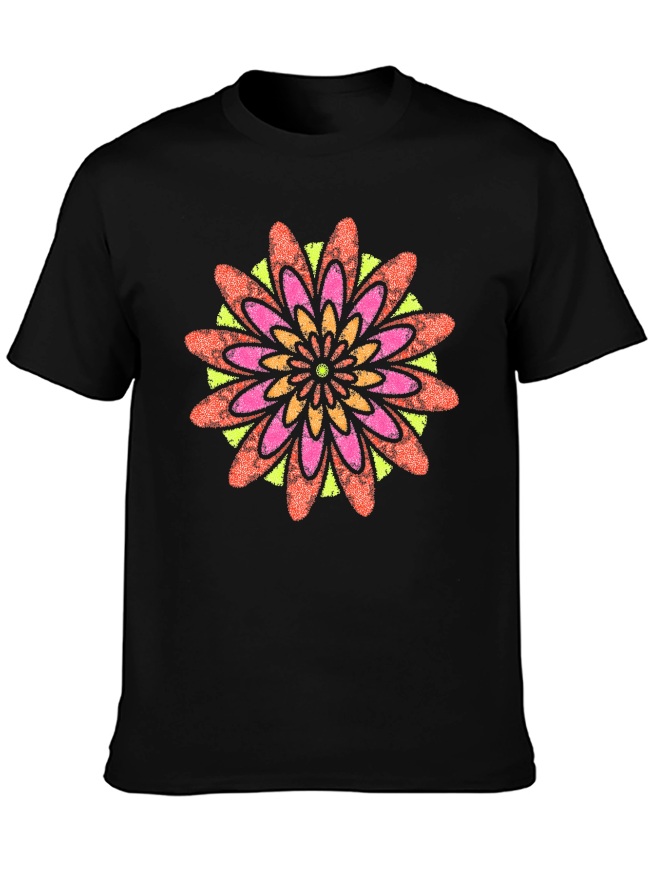 Black Vibrant Floral Mandala Black T-Shirt view 3