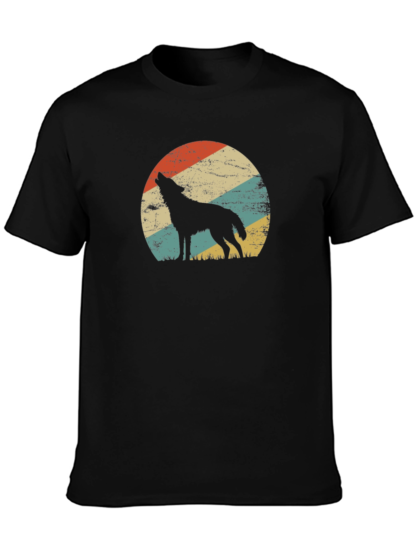 Black Wolf Silhouette Retro Sunset Black T-Shirt view 3