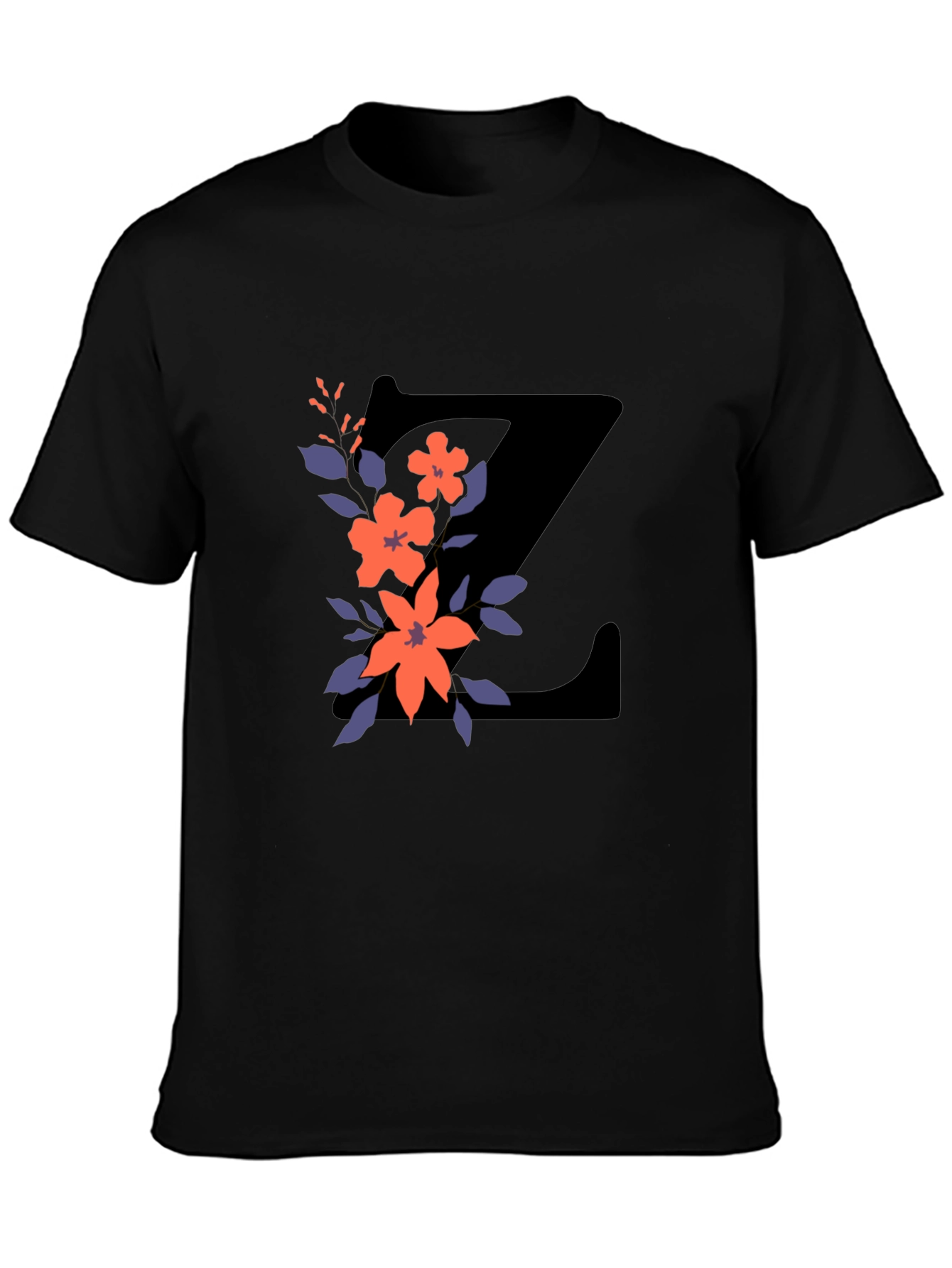 Black Floral Letter Z Black T-Shirt view 3