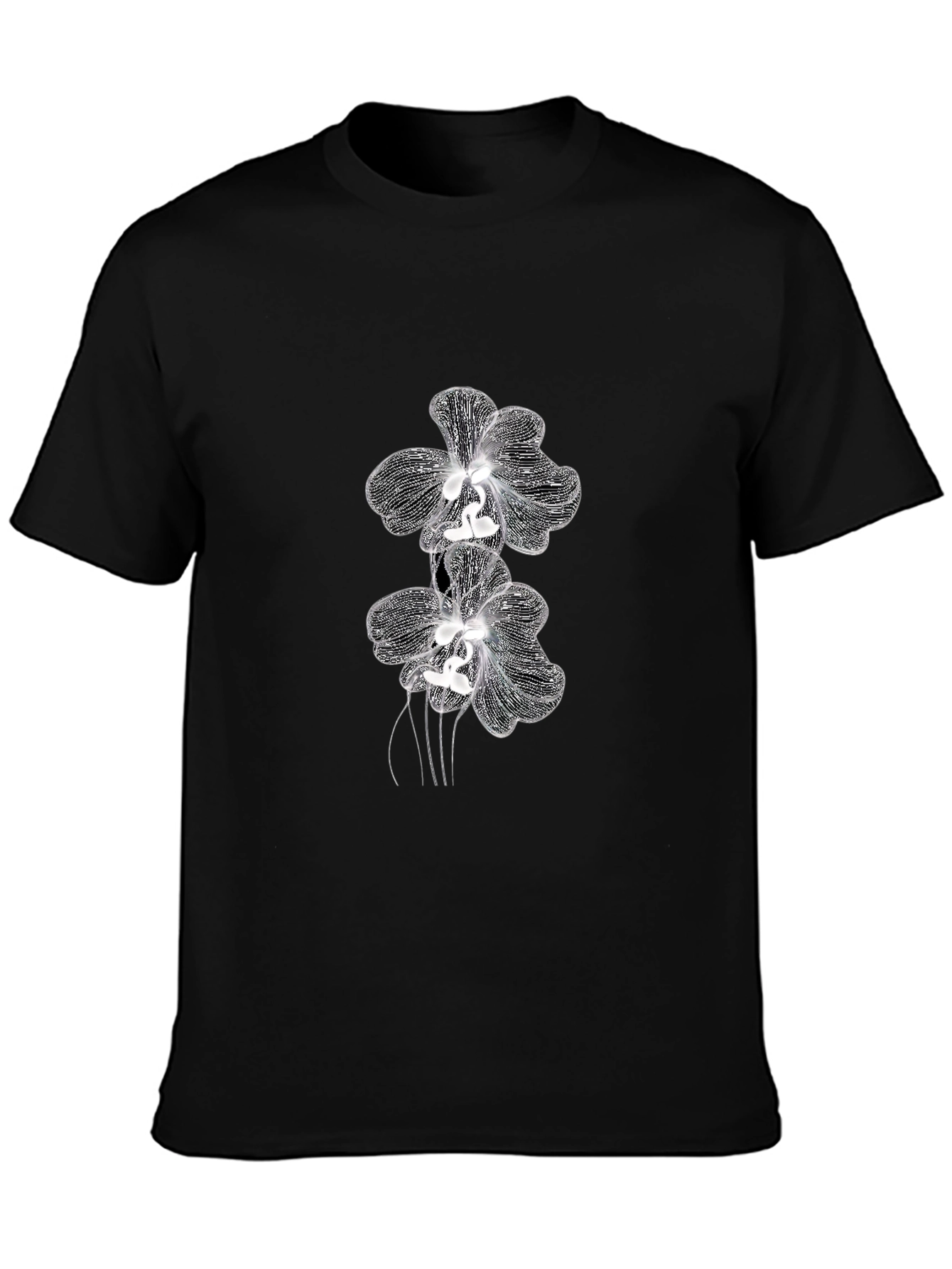 Black Elegant Orchid Graphic Tee - Black Cotton Blend view 3