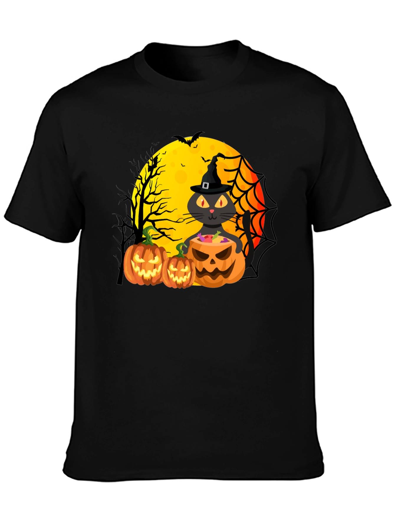 Black Halloween Cat & Pumpkins Black T-Shirt view 3