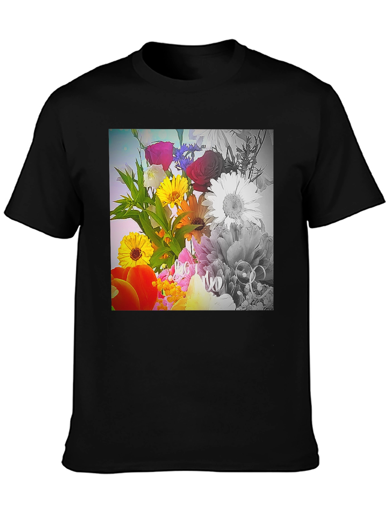 Black Floral Bouquet Graphic T-Shirt - Vivid Print Tee view 3