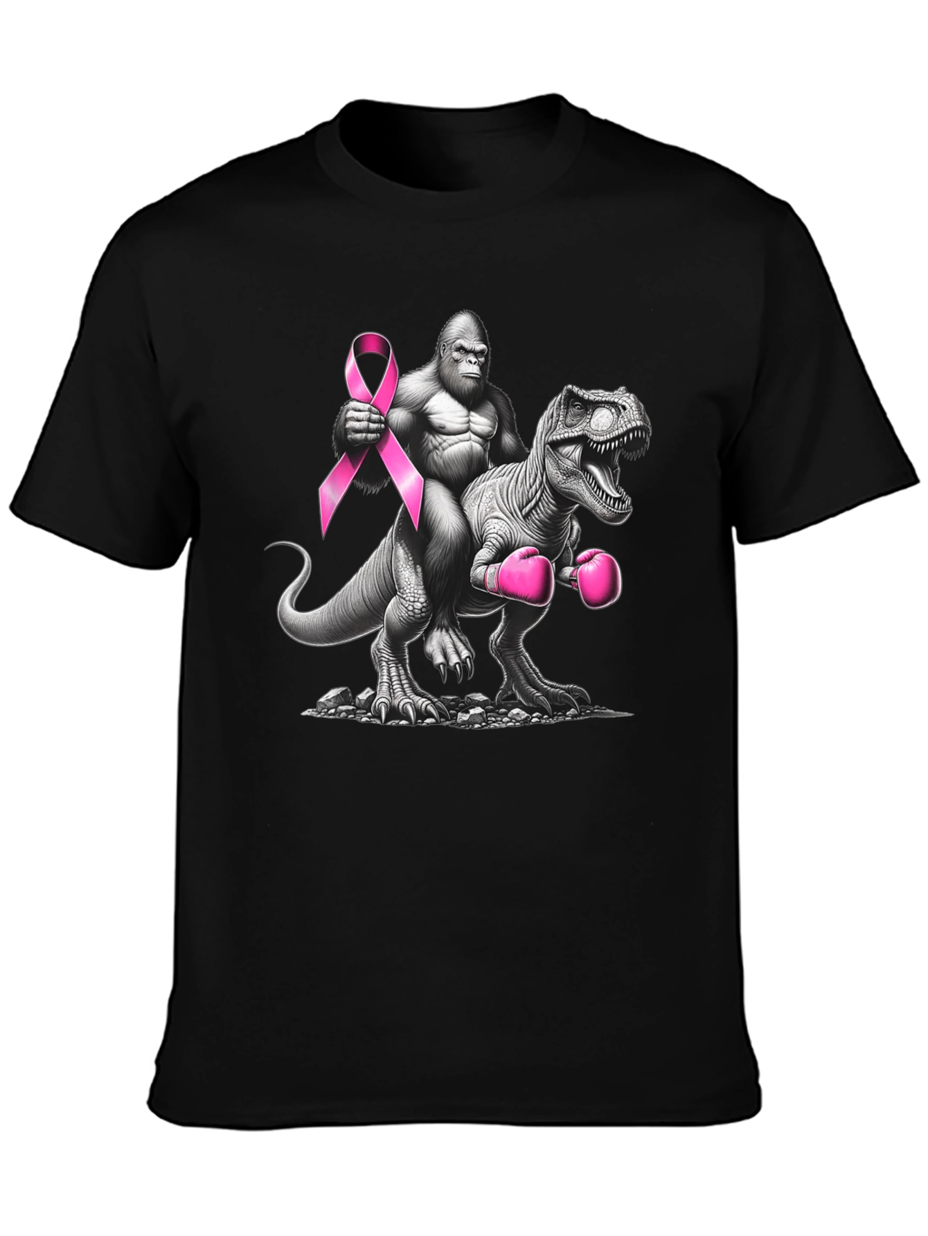 Black Gorilla Riding Dino Breast Cancer Awareness T-Shirt view 3