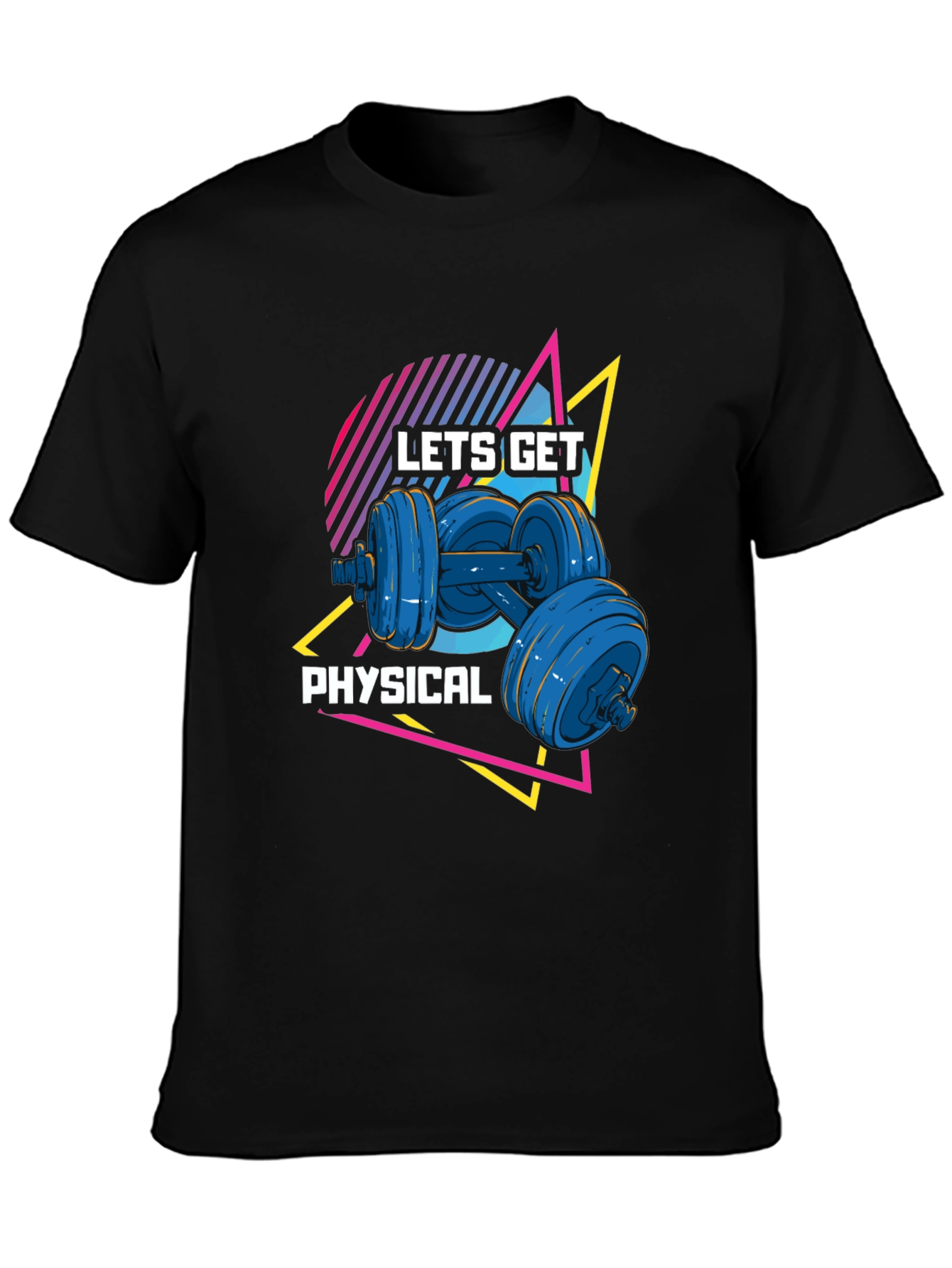 Black Lets Get Physical Black T-Shirt Retro Dumbbell Design view 3