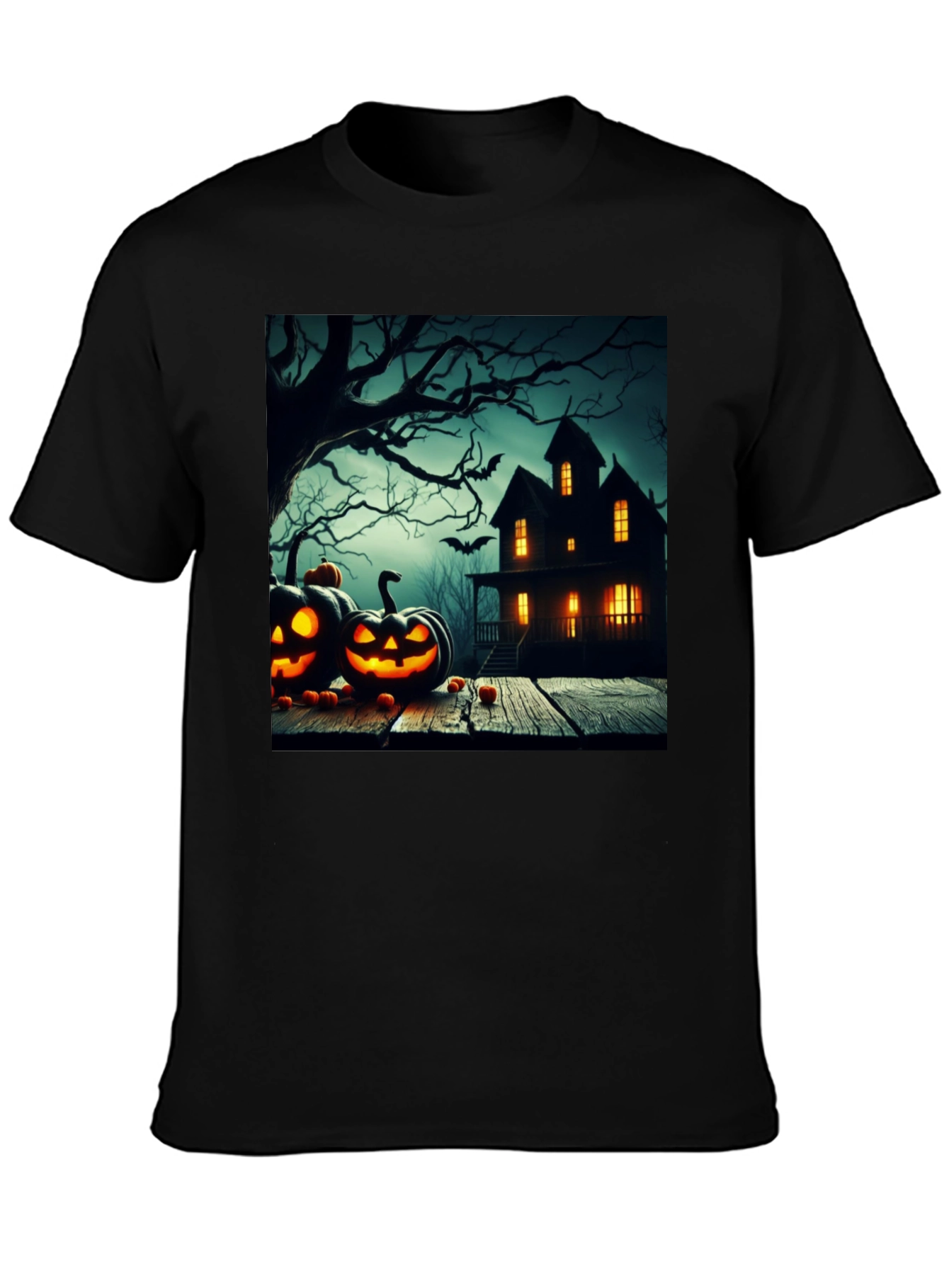 Black Halloween Haunted House T-Shirt view 3