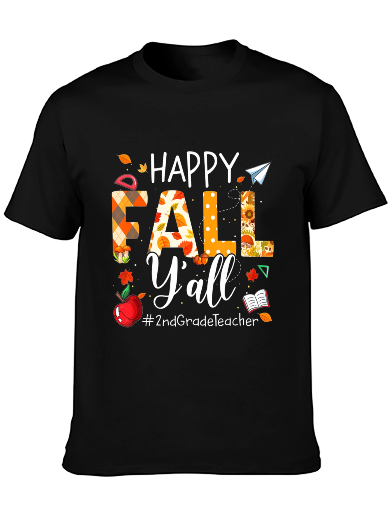 Black Happy Fall Y'all Teacher T-Shirt view 3
