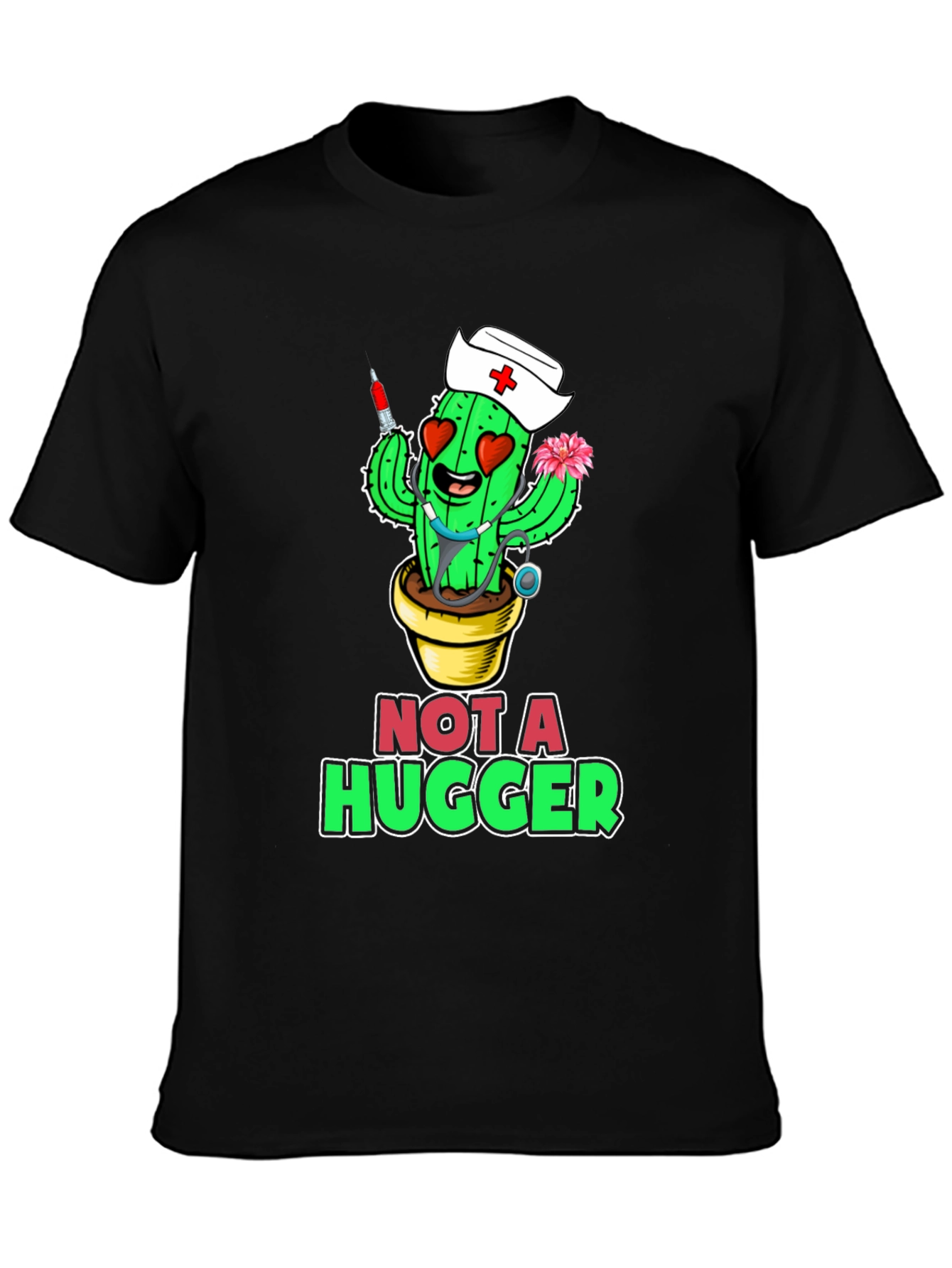 Black Not A Hugger Cactus Nurse T-Shirt view 3