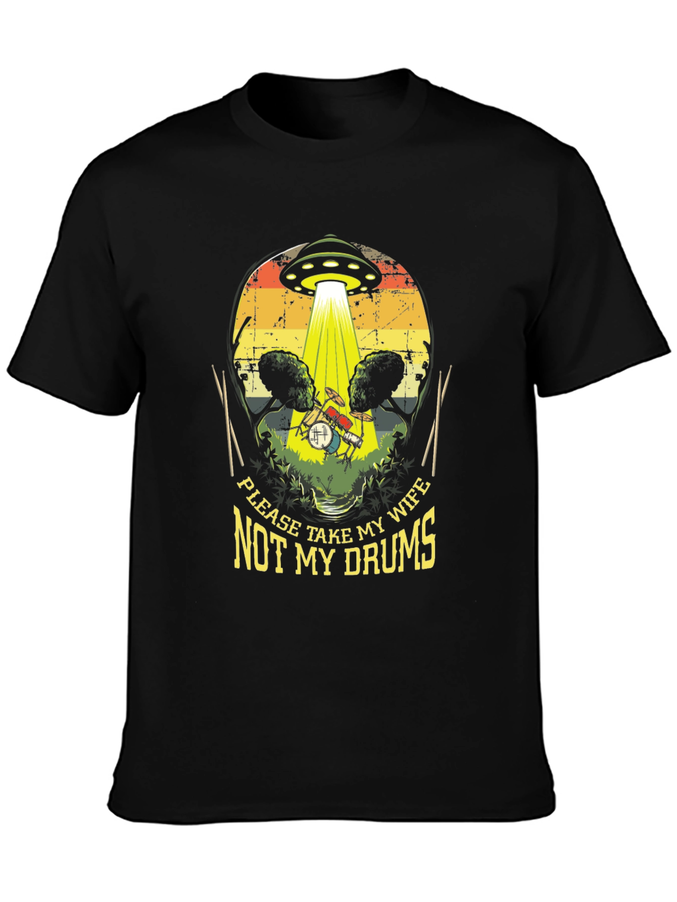 Black Funny UFO Abduction Drummer T-Shirt view 3