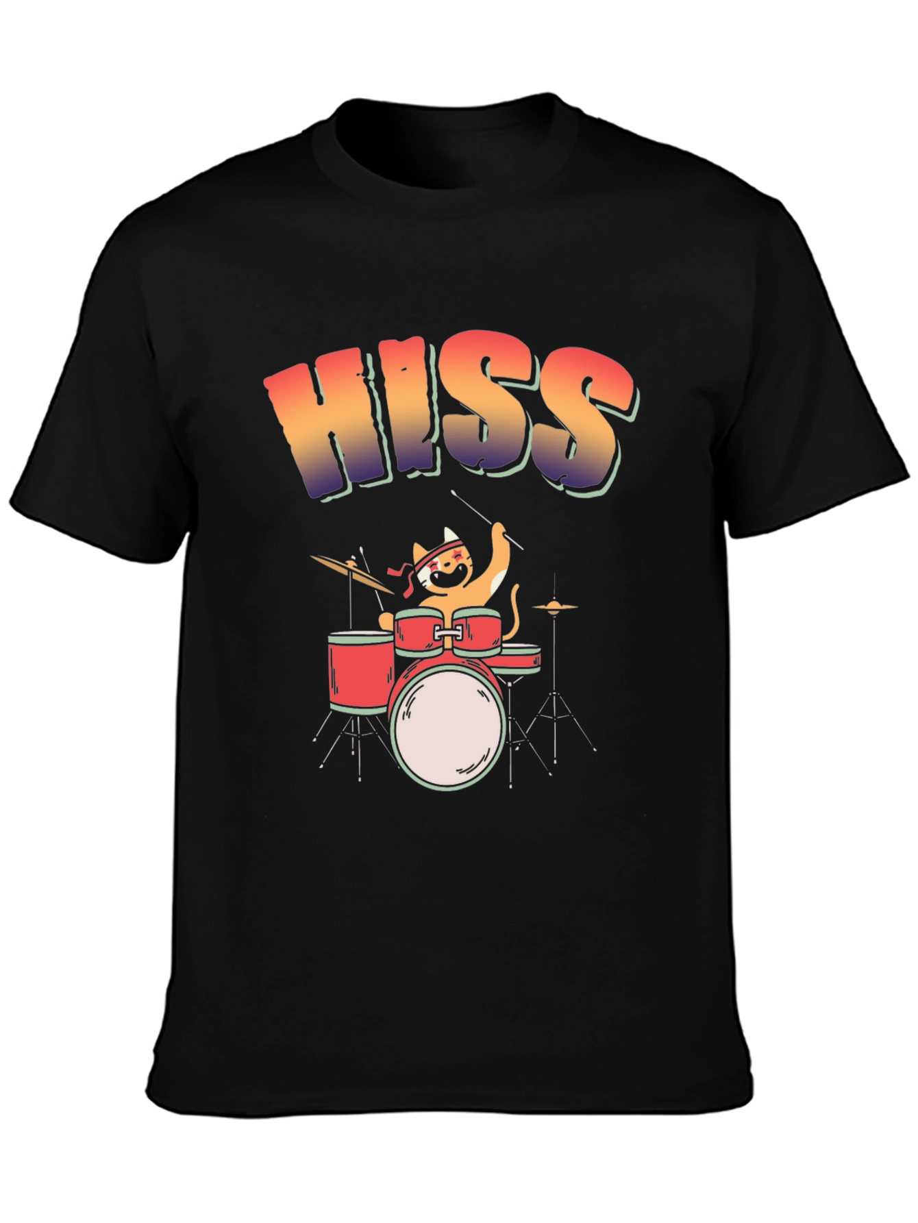 Black HISS Cat Drummer T-Shirt - Rock On! view 3