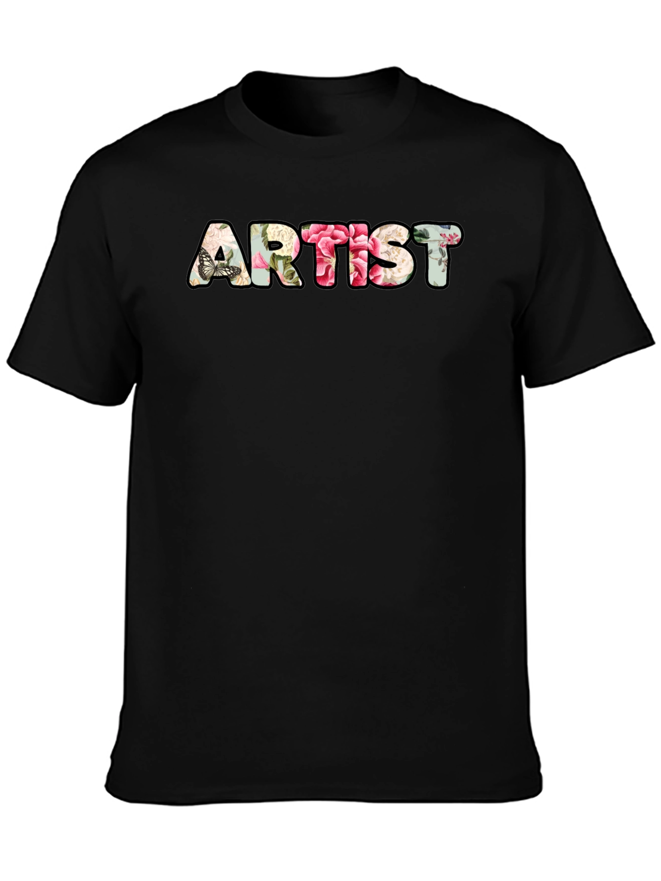 Black Floral Artist T-Shirt - Black Crew Neck Tee view 3