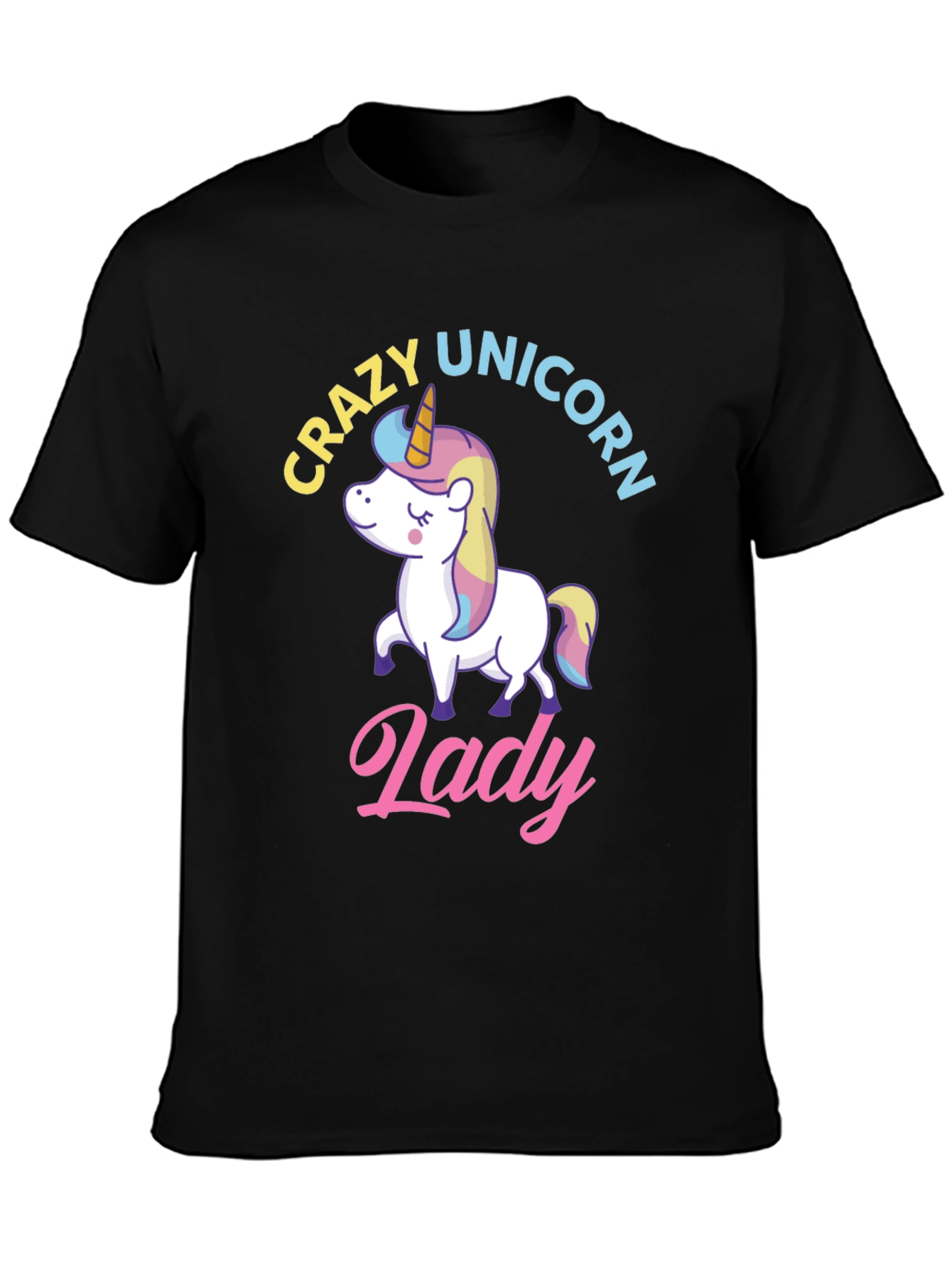 Black Crazy Unicorn Lady T-Shirt - Fun Graphic Tee view 3
