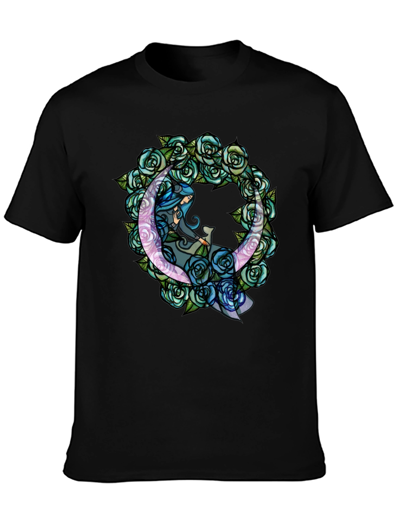 Black Mystic Moon & Roses Graphic T-Shirt - Black view 3