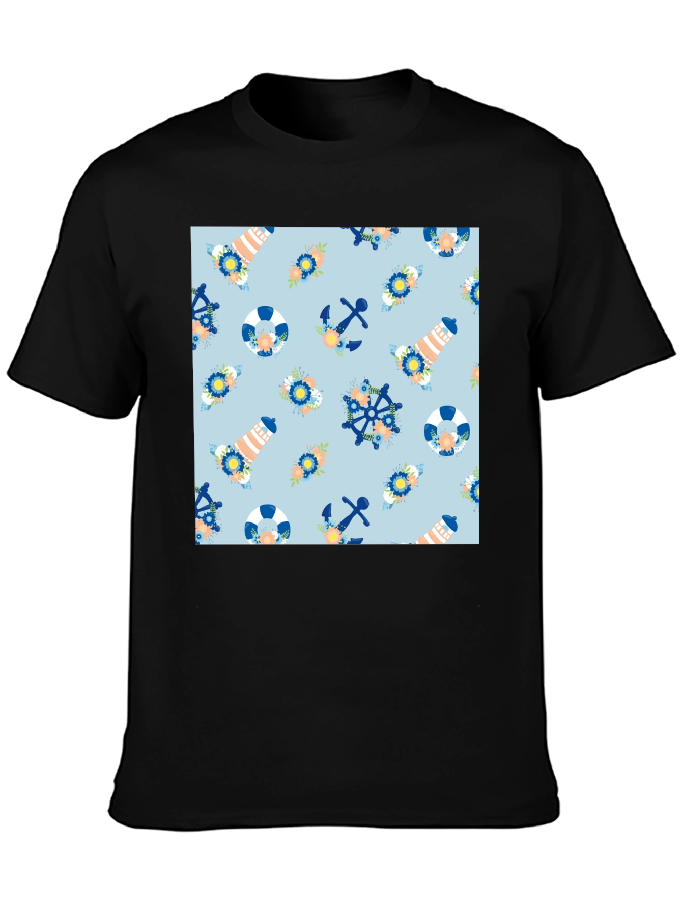 Black Nautical Pattern Black T-Shirt view 3
