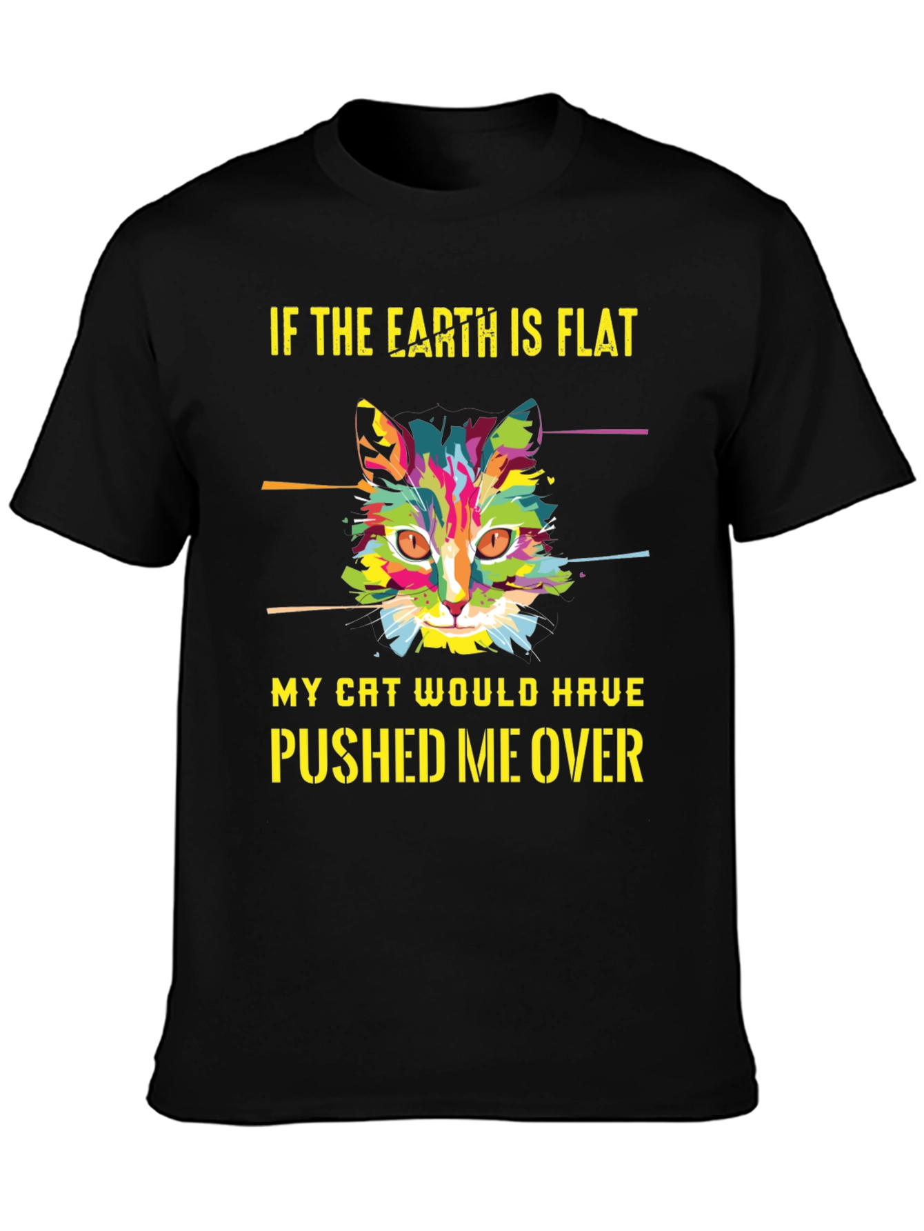 Black Flat Earth Cat T-Shirt - Funny Graphic Tee view 3