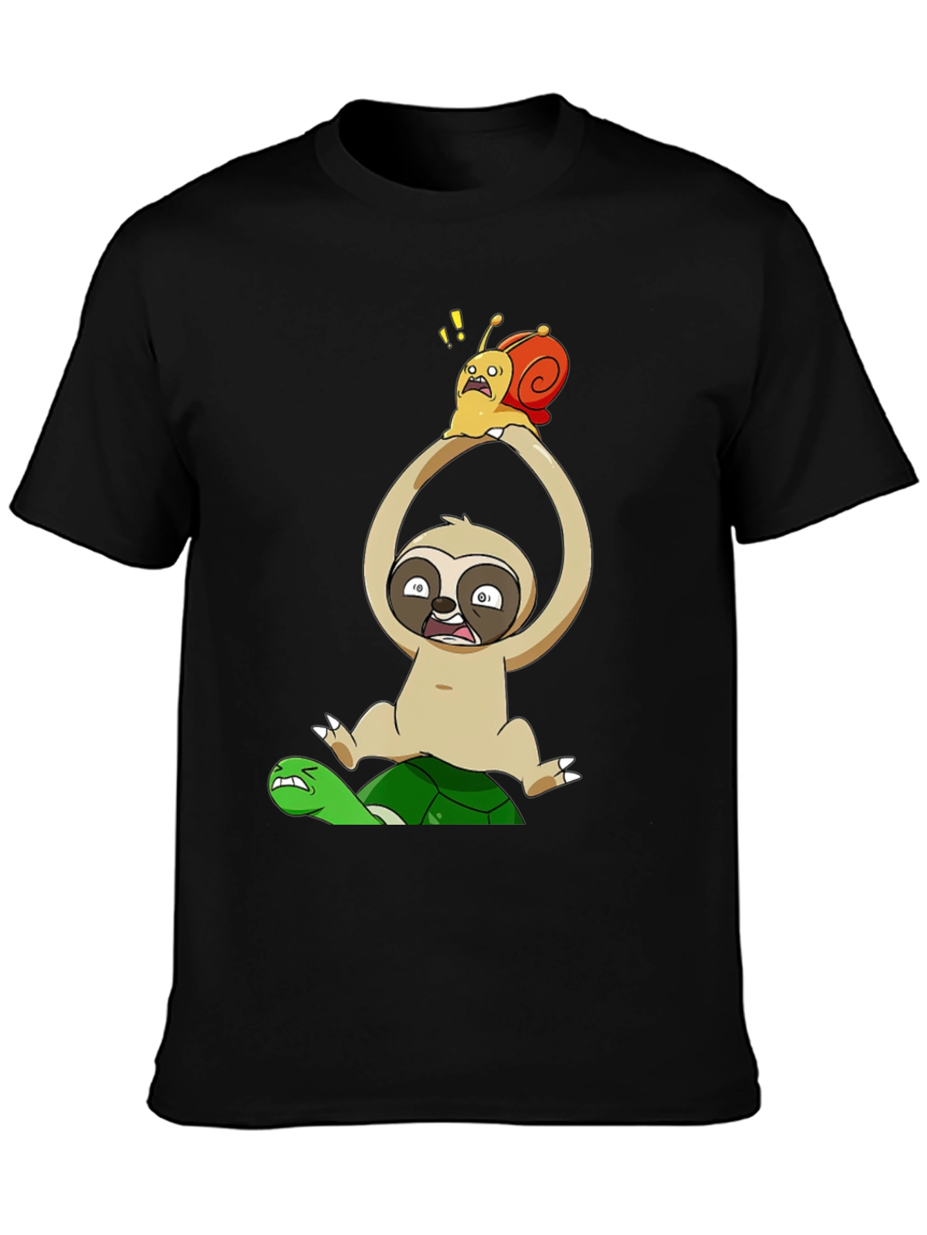 Black Funny Cartoon Animal T-Shirt: Sloth, Snail, Turtle view 3