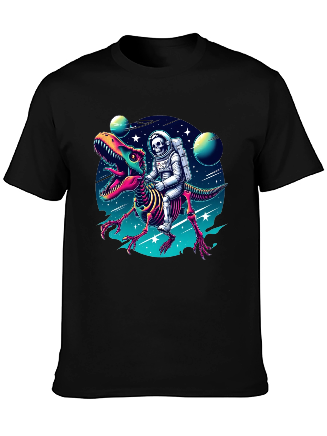 Black Astronaut Skeleton Riding Dinosaur Graphic Tee view 3