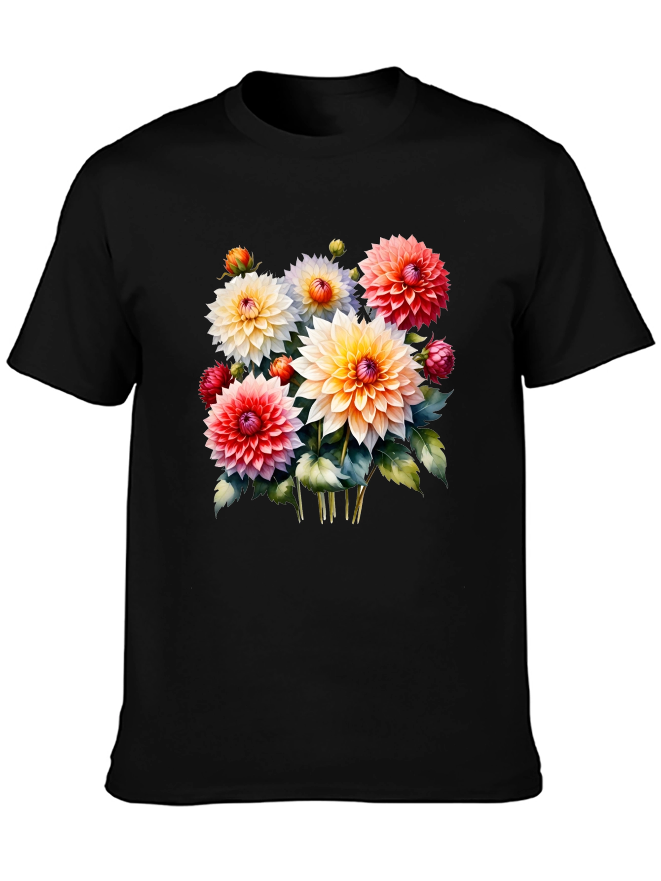 Black Floral Graphic Tee - Colorful Dahlia Design view 3