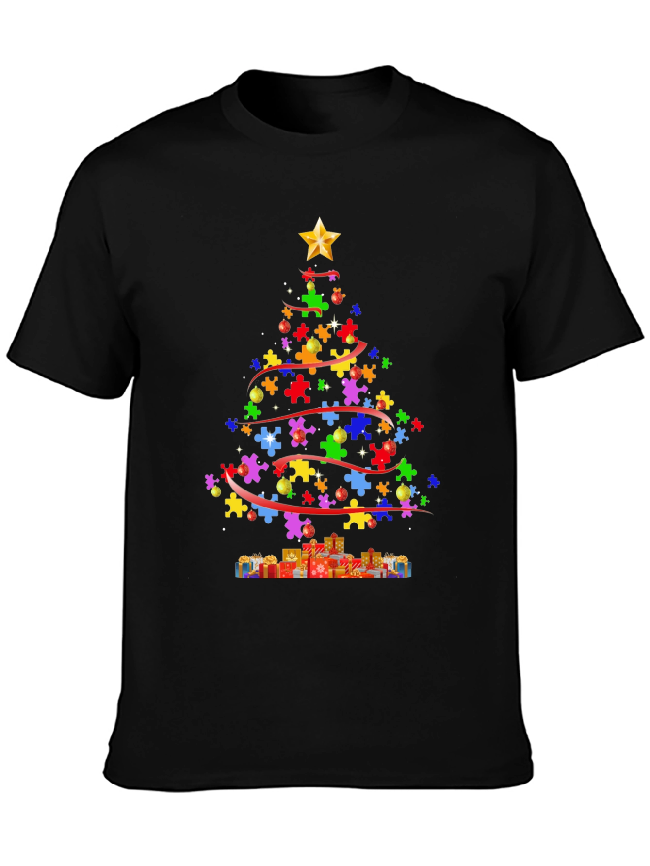 Black Puzzle Piece Christmas Tree T-Shirt view 3