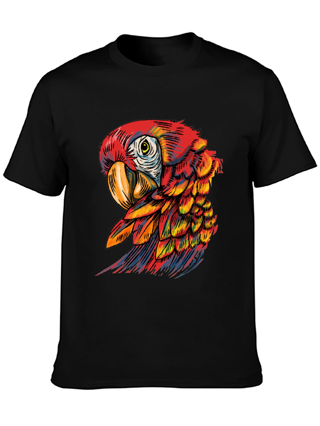 Black Vibrant Parrot Graphic Tee - Soft Black Cotton Blend view 3