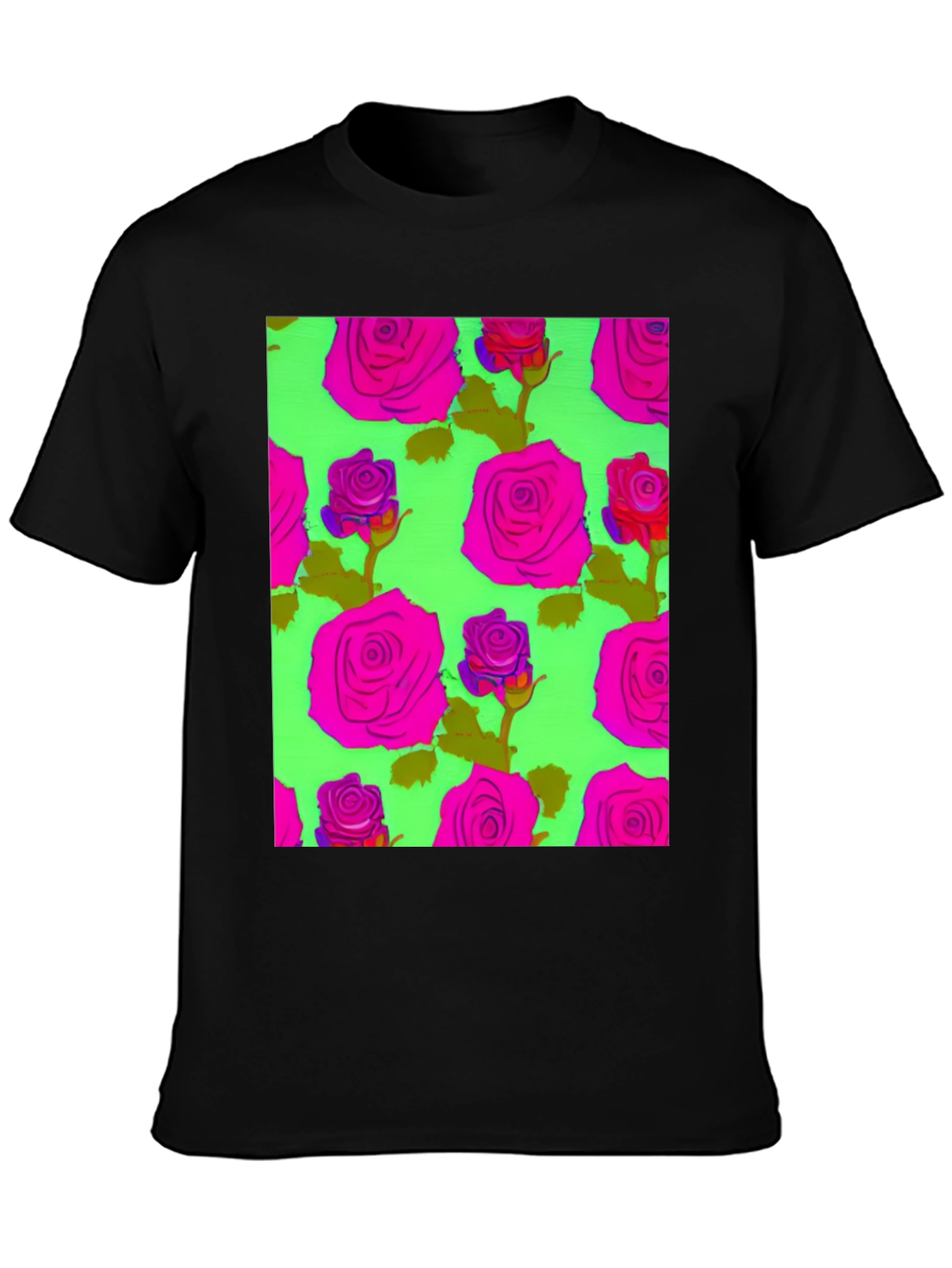 Black Vibrant Floral Rose Pattern Tee - Trendy Graphic T-Shirt view 3