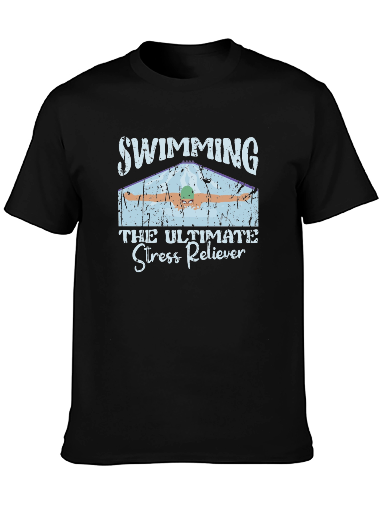 Black Swimming Stress Reliever Black T-Shirt view 3