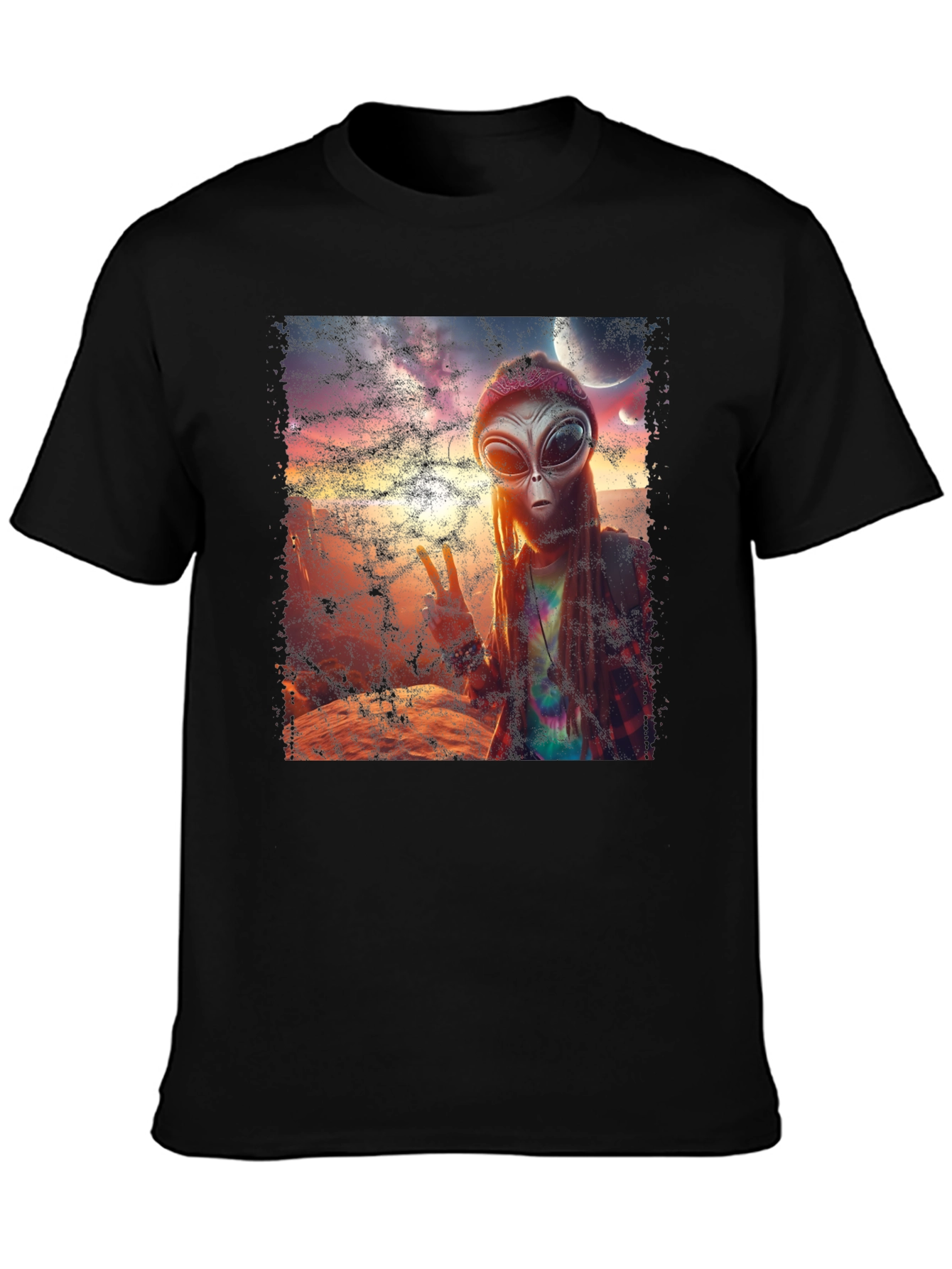 Black Alien Peace T-Shirt - Black Crew Neck Tee view 3