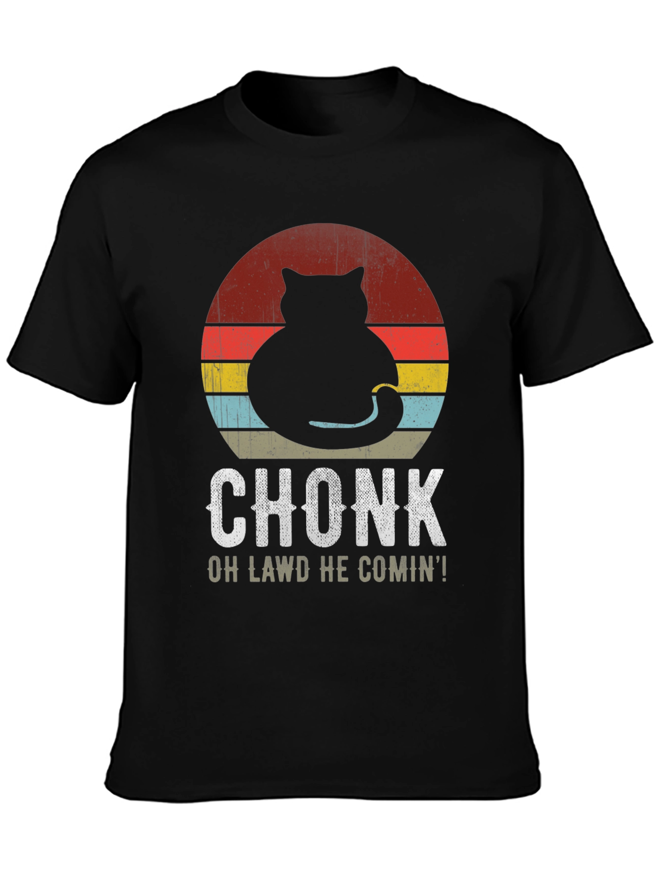 Black Chonk Cat Retro T-Shirt: Oh Lawd He Comin'! view 3