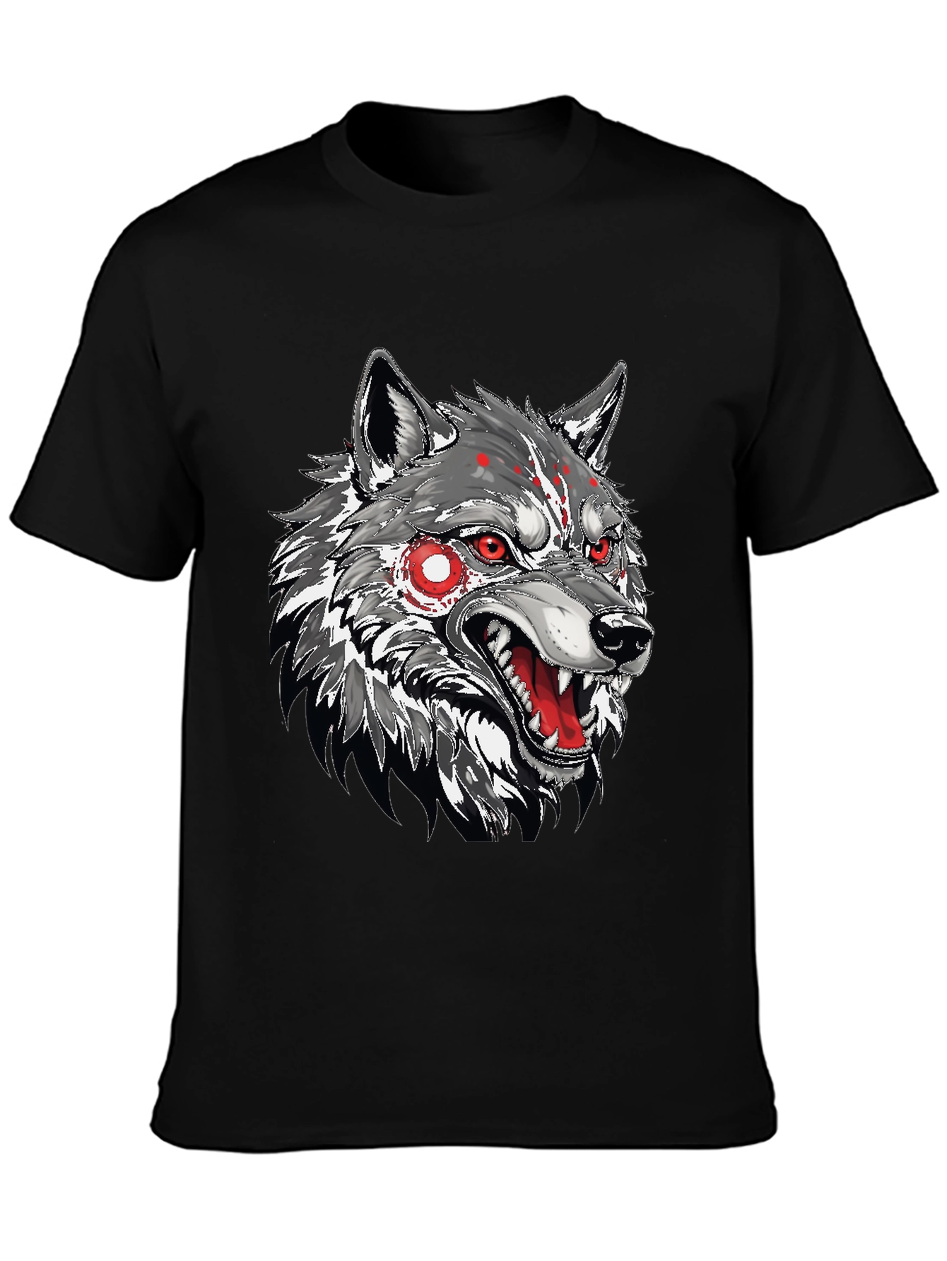 Black Men's Black T-Shirt with Wolf Graphic view 3