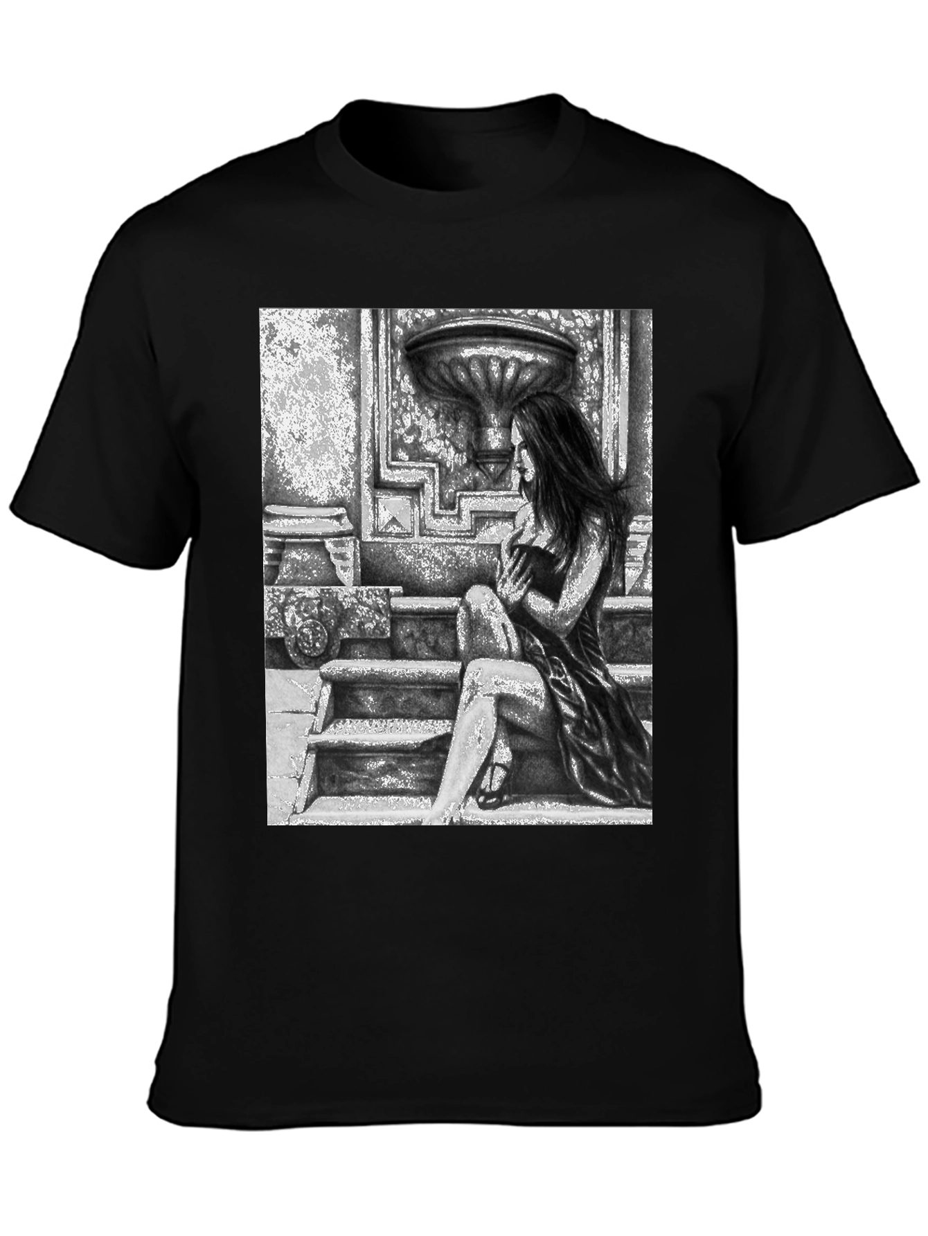 Black Gothic Beauty Tee - Woman on Steps Graphic T-Shirt view 3