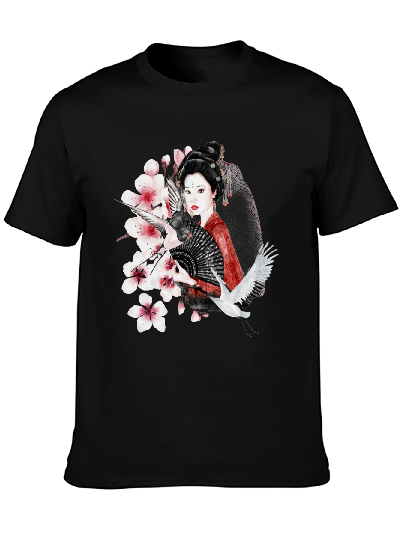 Black Asian Geisha Crane T-Shirt - Stylish Graphic Tee view 3