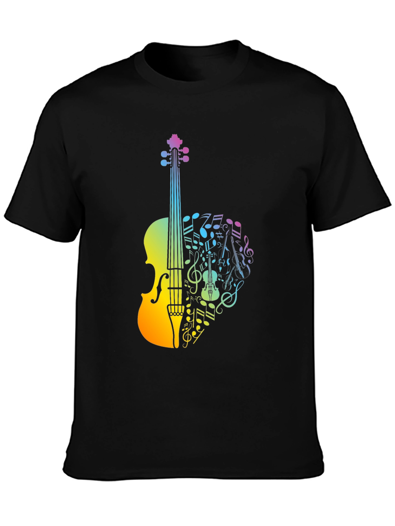 Black Musical Violin T-Shirt - Rainbow Notes Design view 3