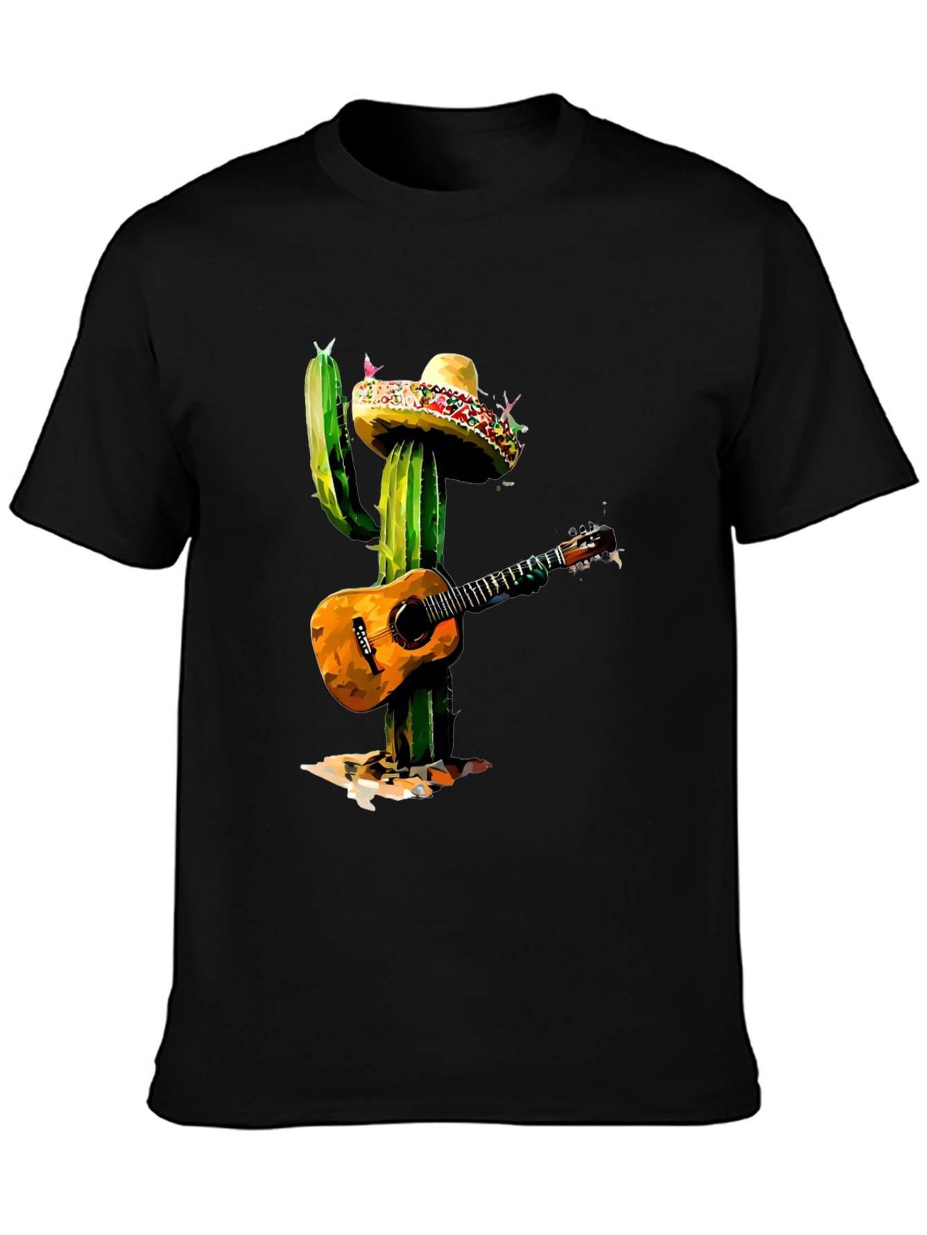 Black Cactus Mariachi T-Shirt - Guitar Playing Desert Plant Tee view 3