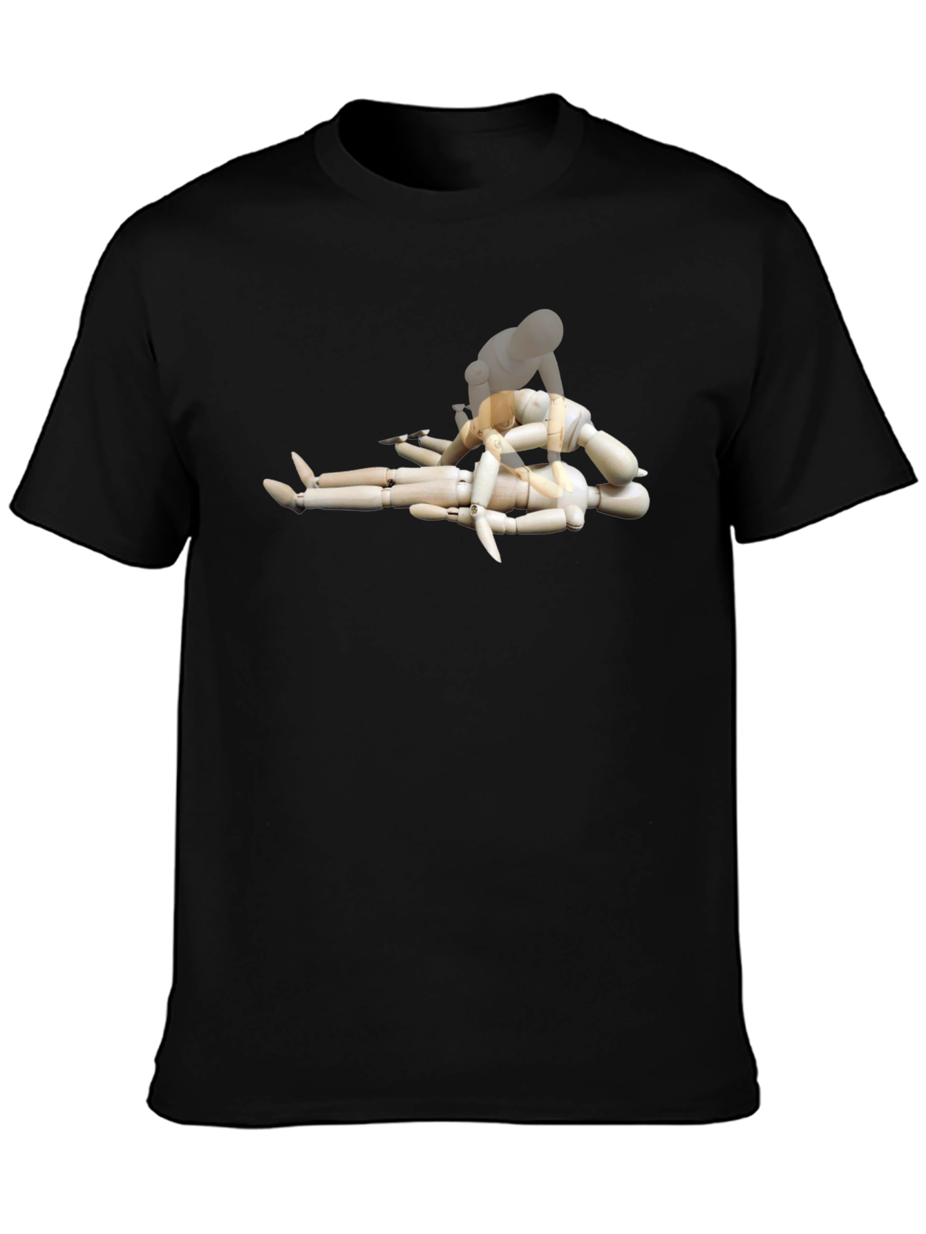 Black Man's Black Tee with Mannequin Pileup Graphic view 3