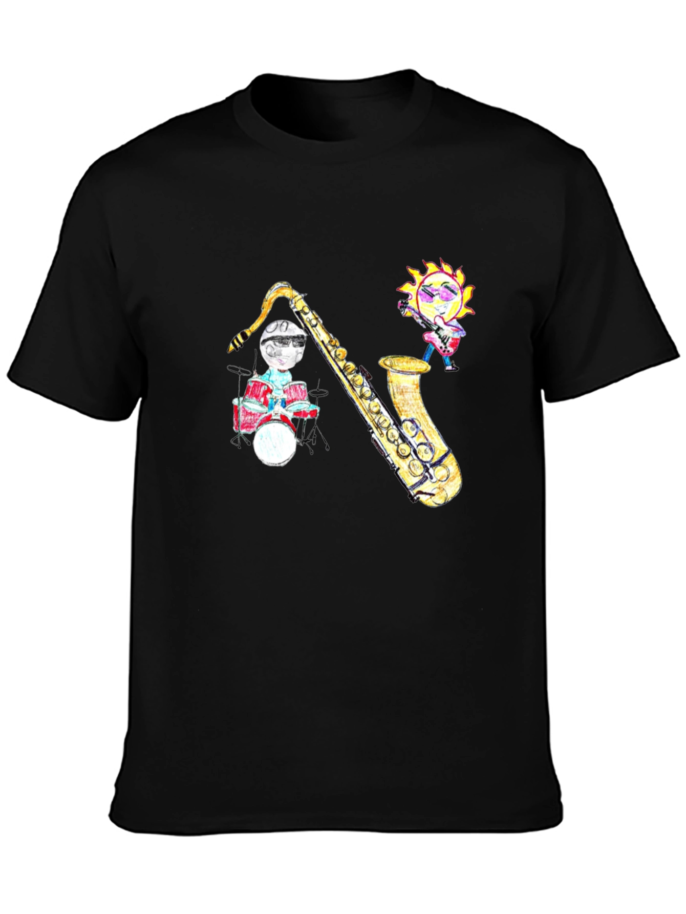 Black Black T-Shirt with Cartoon Jazz Band Graphic view 3