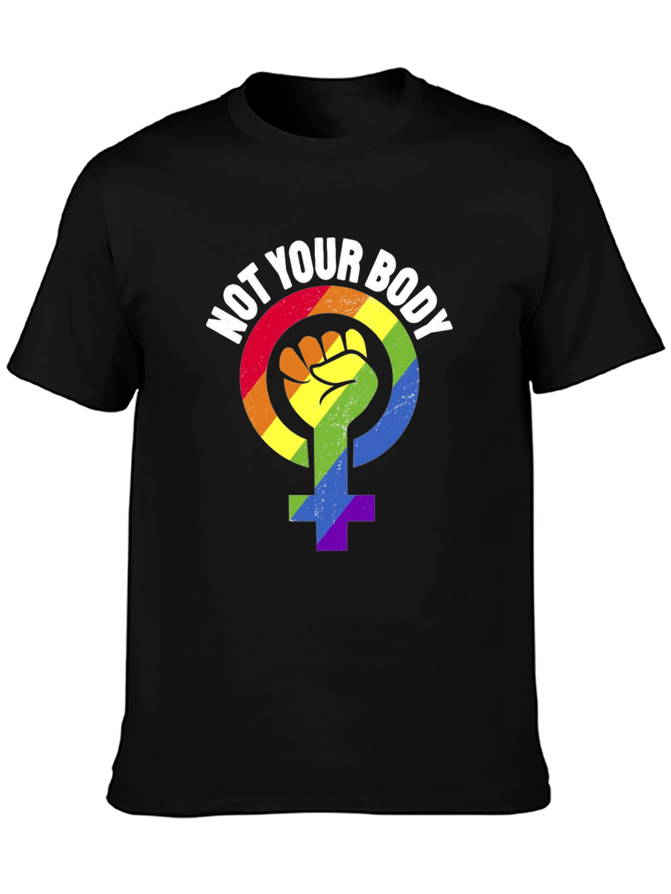 Black Not Your Body T-Shirt - Rainbow Feminist Symbol view 3