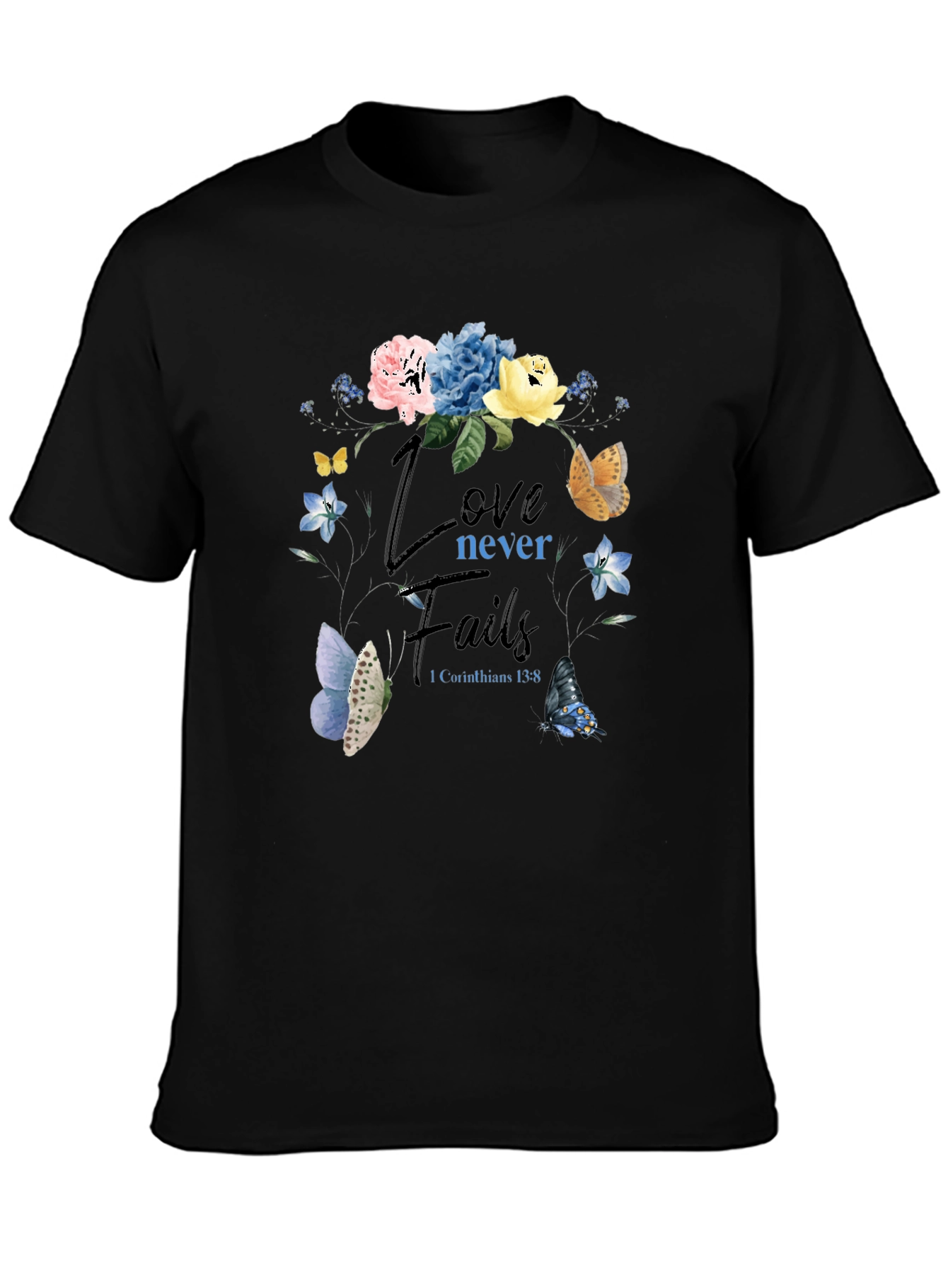Black Love Never Fails Floral Butterfly T-Shirt view 3
