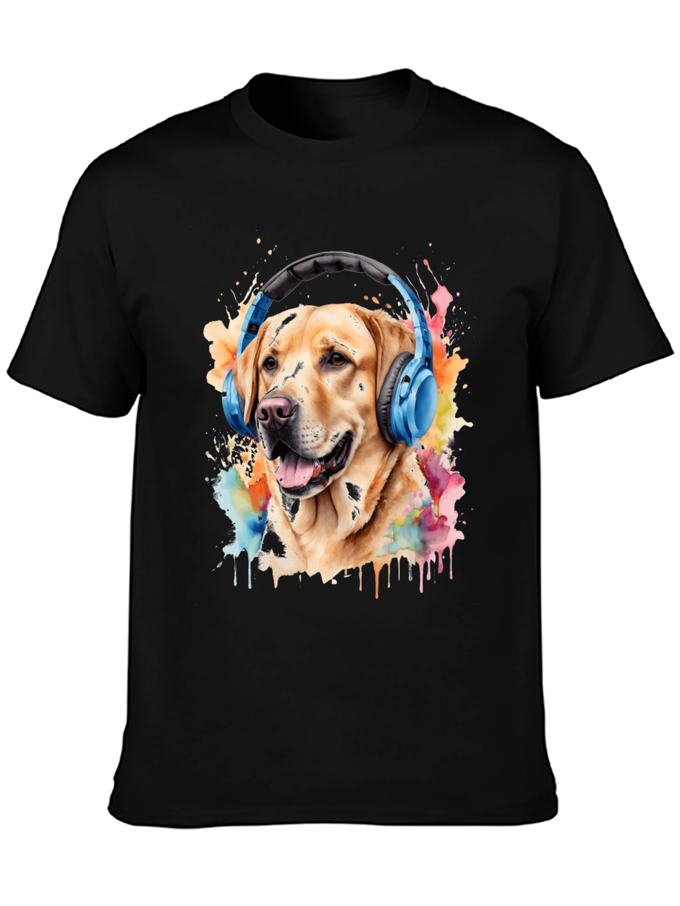 Black Dog with Headphones Graphic Tee - Men's Black T-Shirt view 3