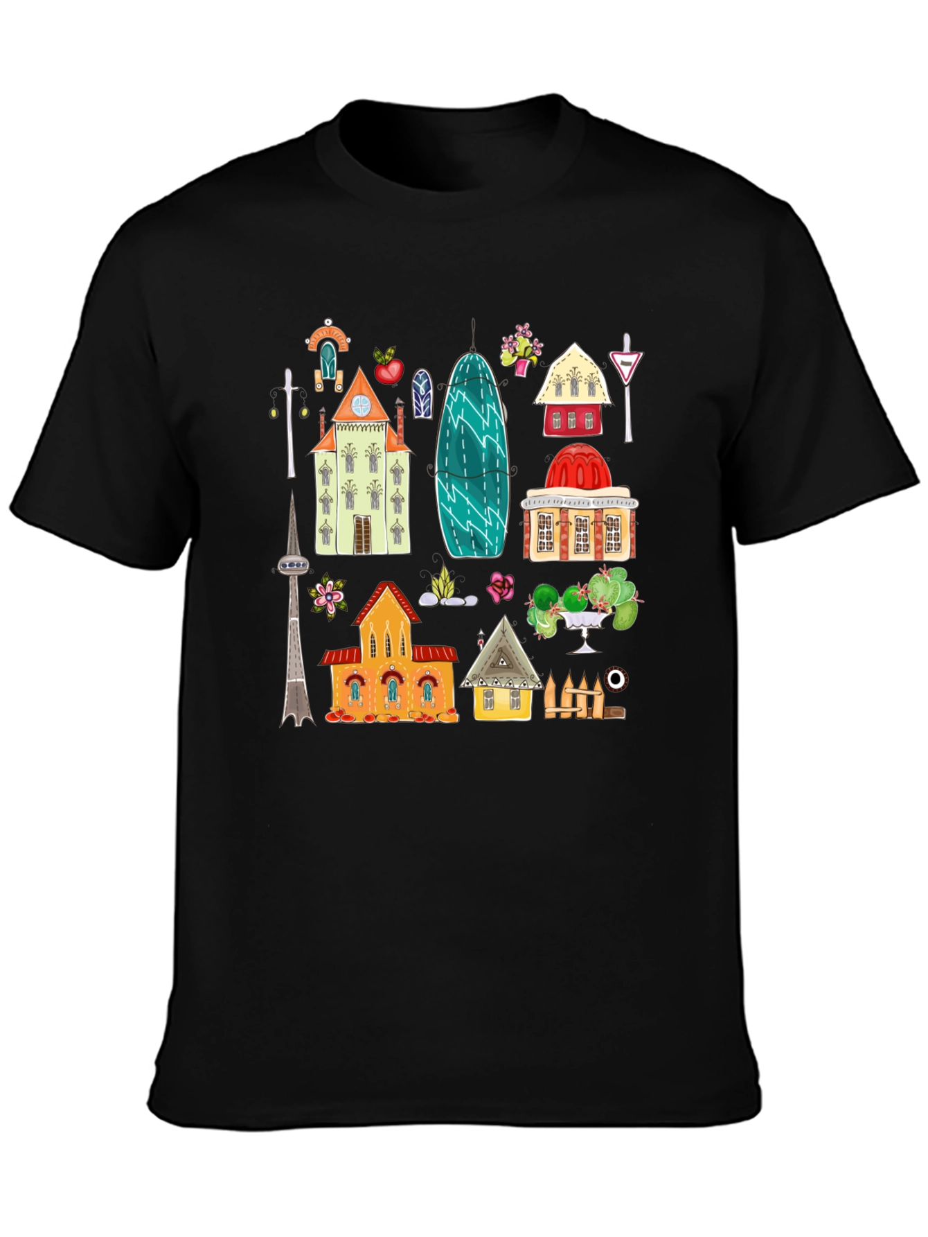 Black Cute Buildings Graphic Black T-Shirt view 3
