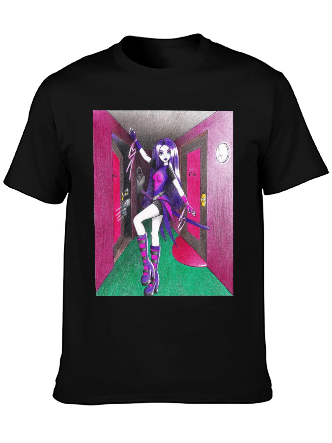 Black Anime Girl in Hallway Graphic Tee view 3