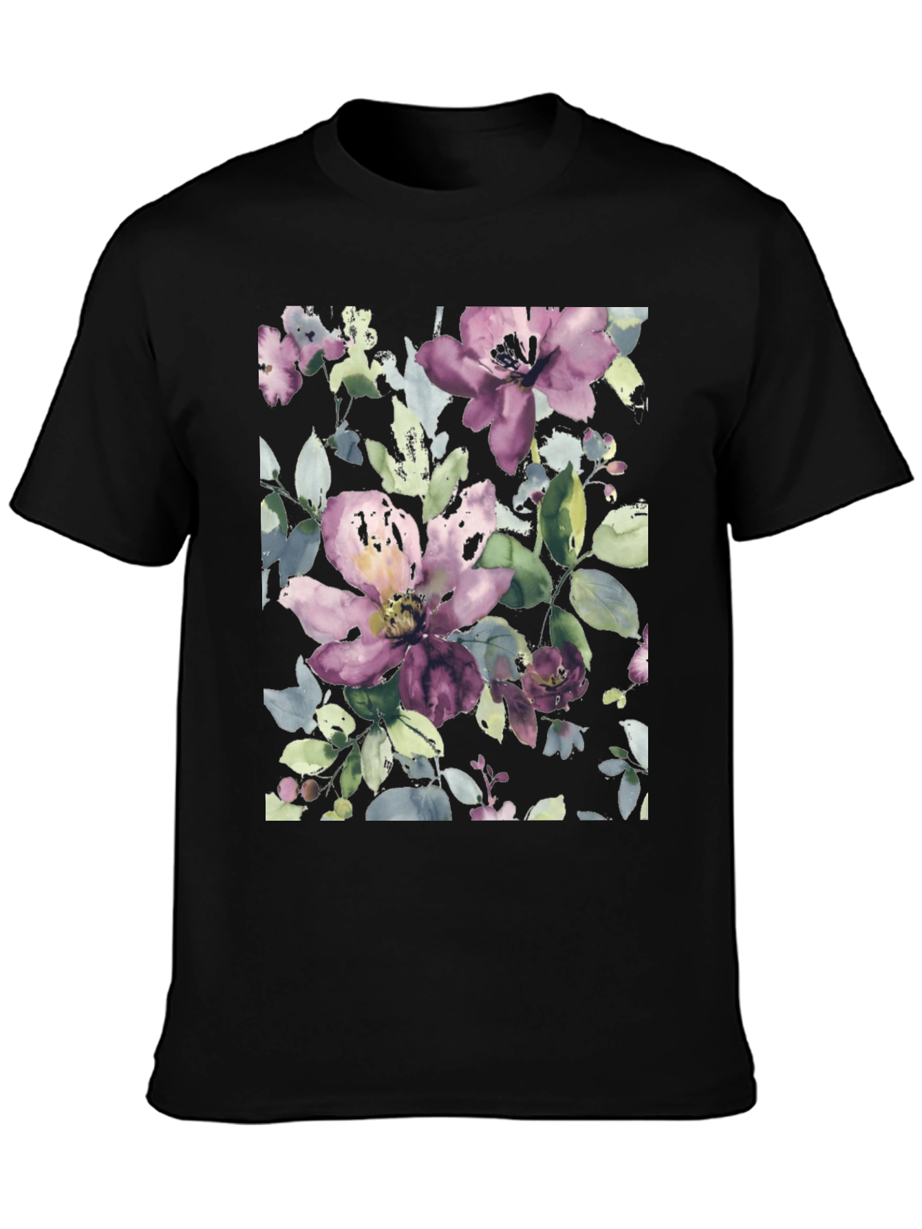 Black Floral Watercolor Print Black T-Shirt view 3