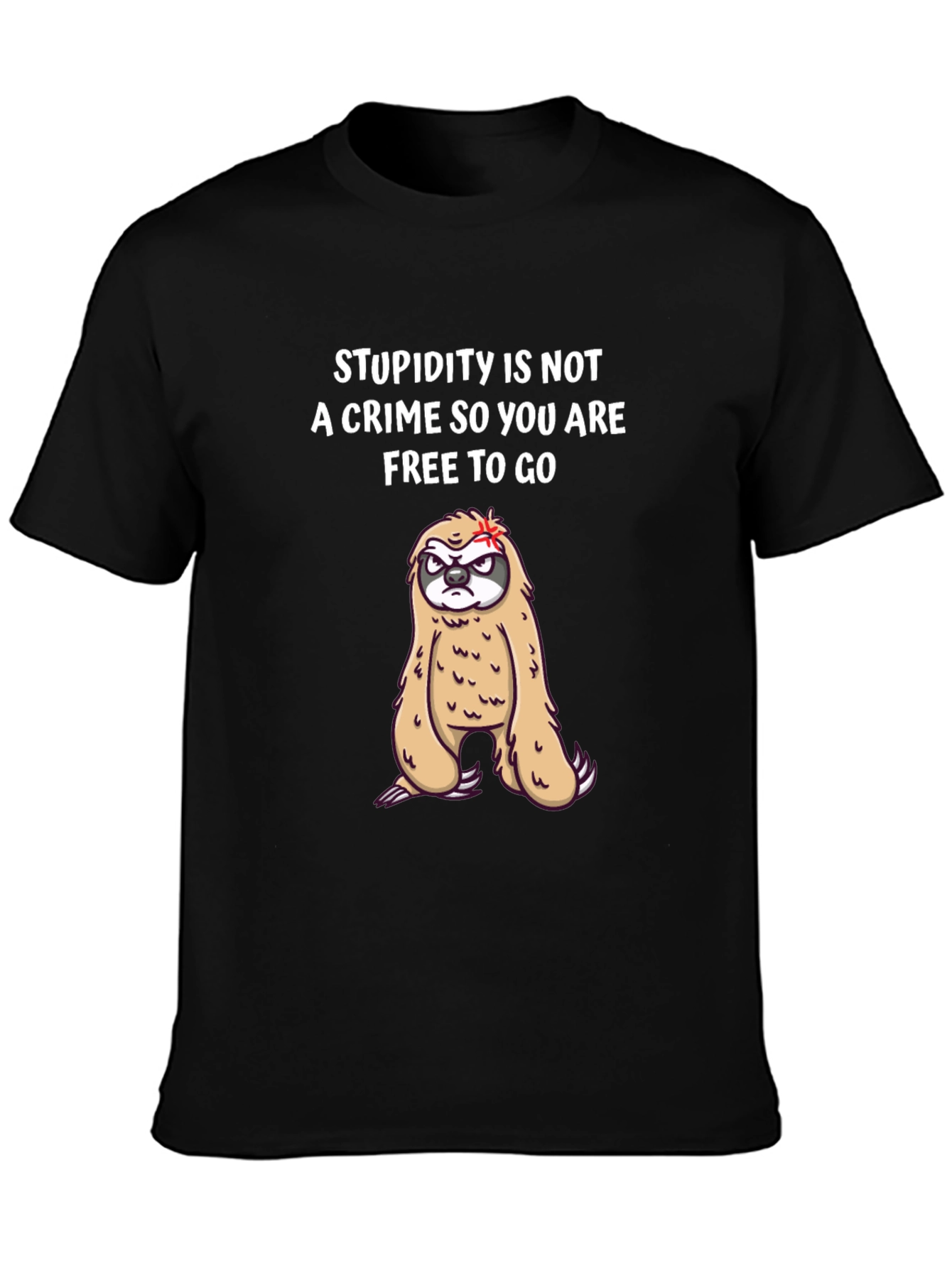 Black Funny Sloth T-Shirt: Stupidity Is Not A Crime Tee view 3