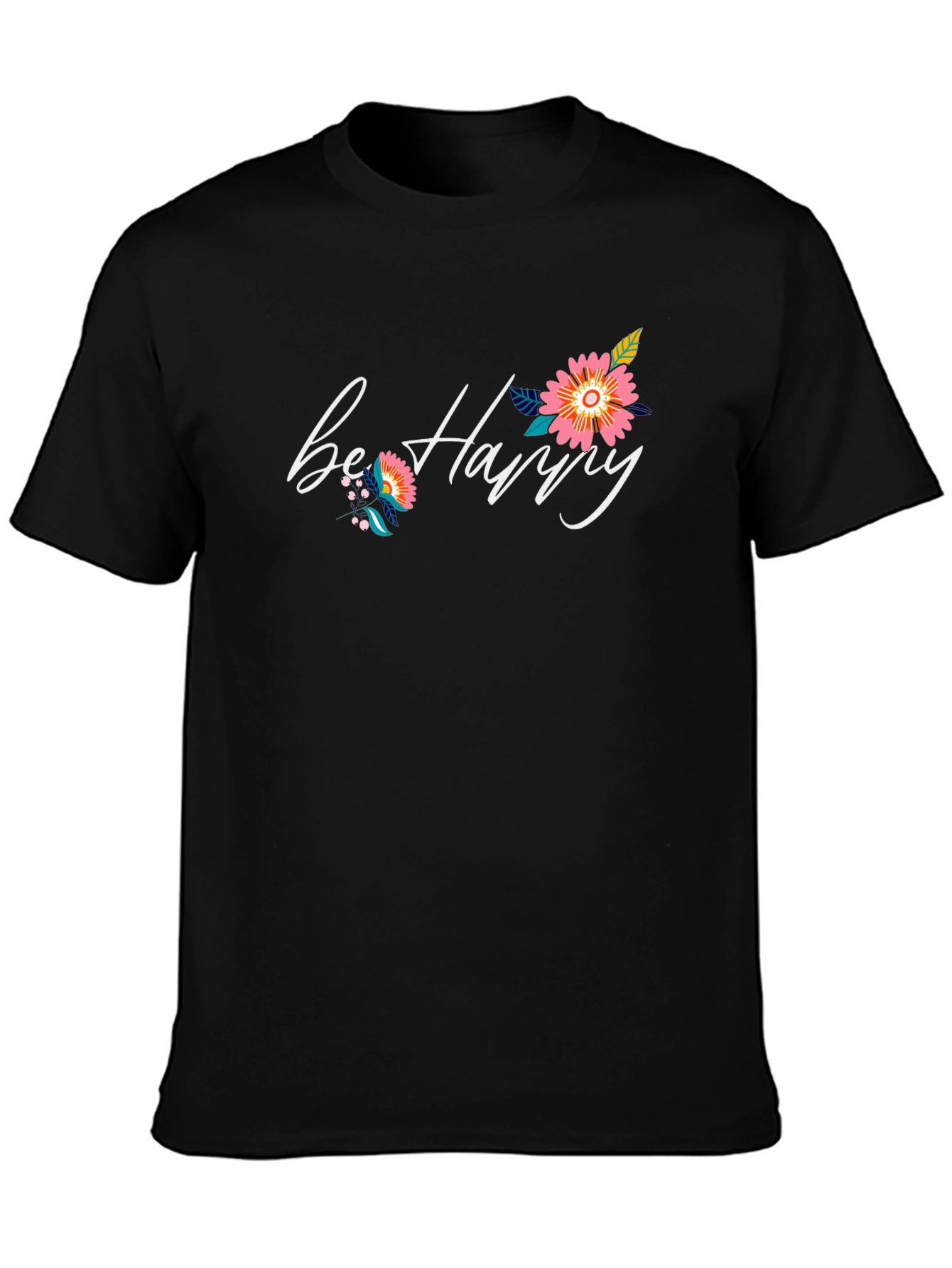 Black Be Happy Floral Graphic Black T-Shirt view 3
