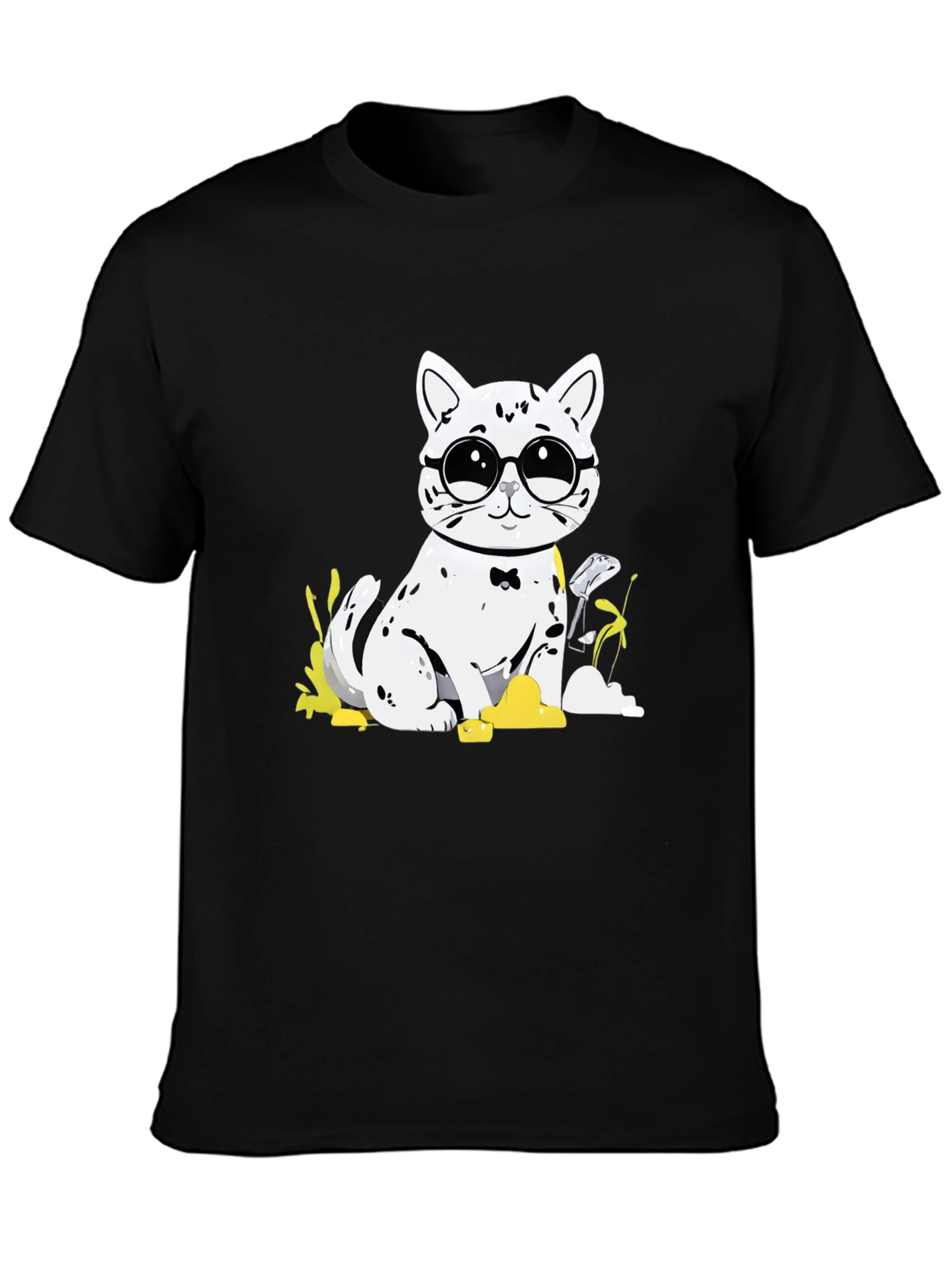 Black Cat with Glasses T-Shirt - Black Cotton Tee view 3
