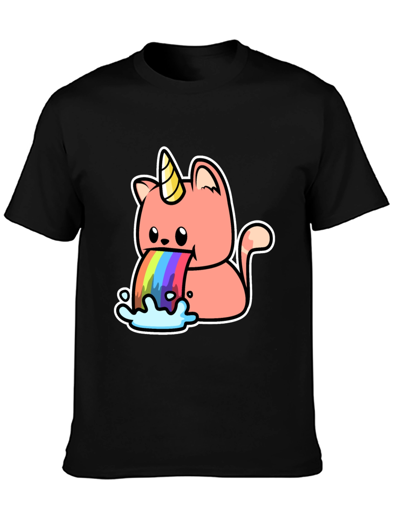 Black Unicorn Cat Rainbow Puke Graphic Tee view 3
