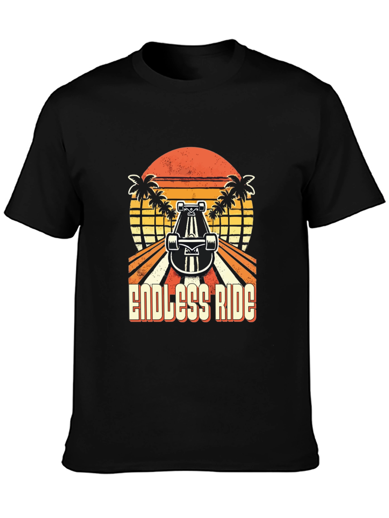 Black Endless Ride Skateboard T-Shirt Retro Sunset Palm Tree view 3