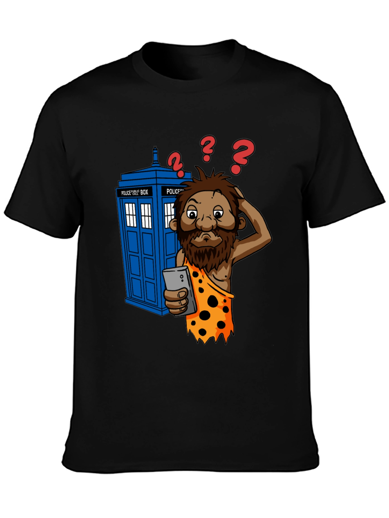 Black Time Traveler T-Shirt - Confused Caveman & Phone view 3