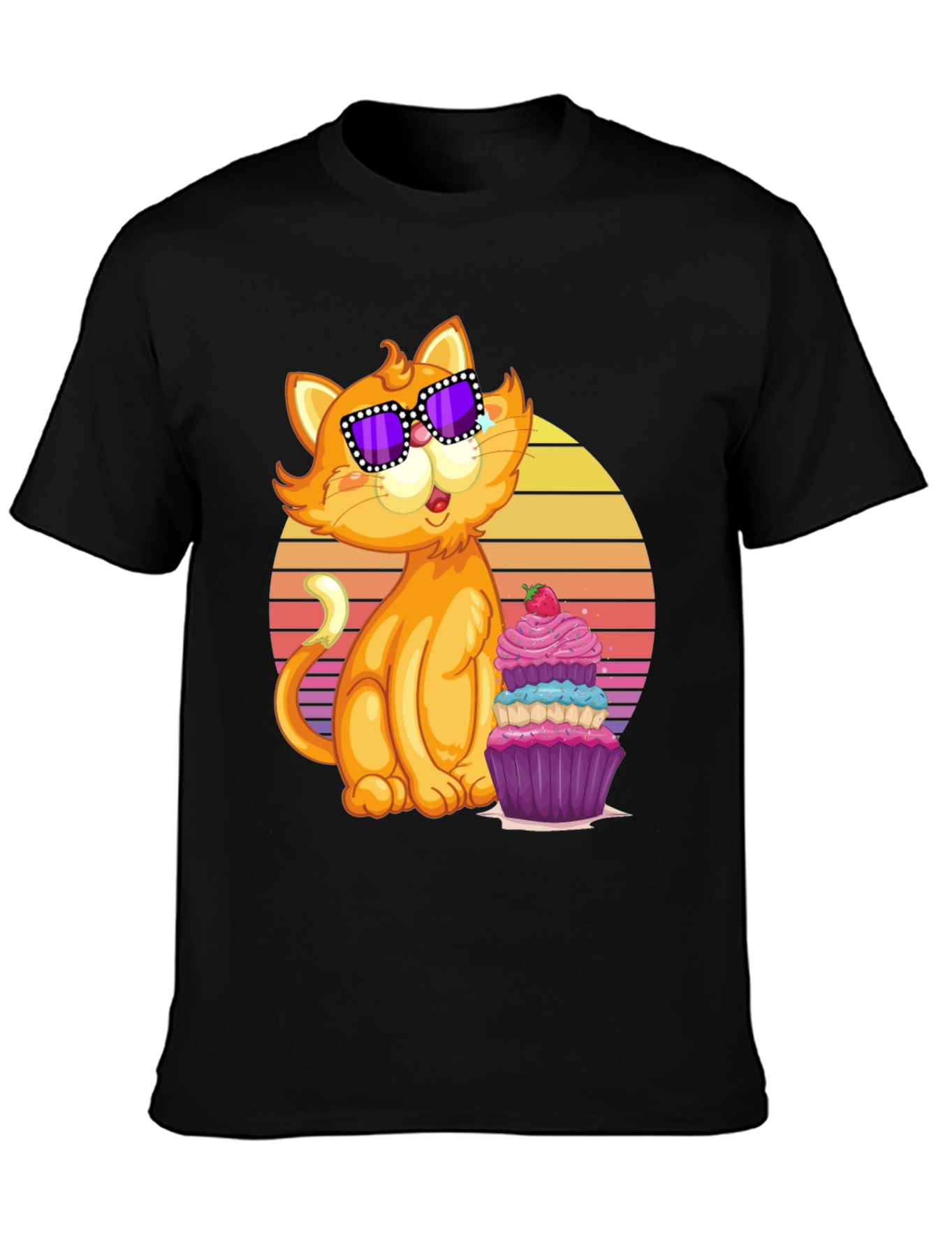 Black Cool Cat with Cupcake T-Shirt view 3