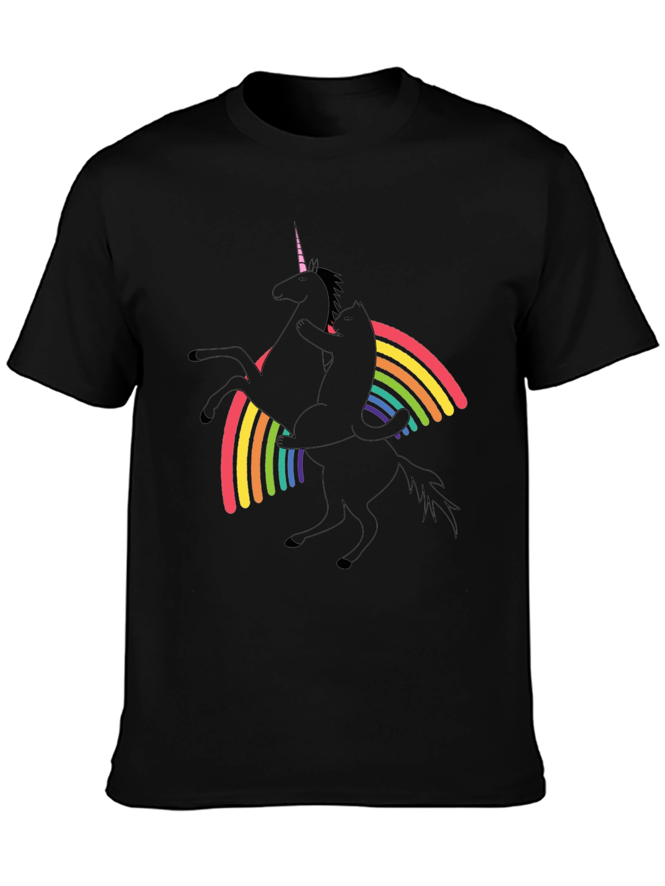 Black Unicorn & Cat Rainbow Graphic Black T-Shirt view 3
